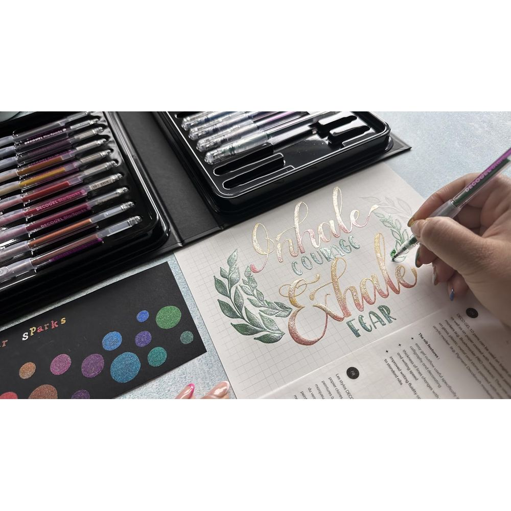 Eine Hand benutzt einen grünen Gelstift, um auf Papier „Inhale Courage“ und „Exhale Fear“ zu schreiben.