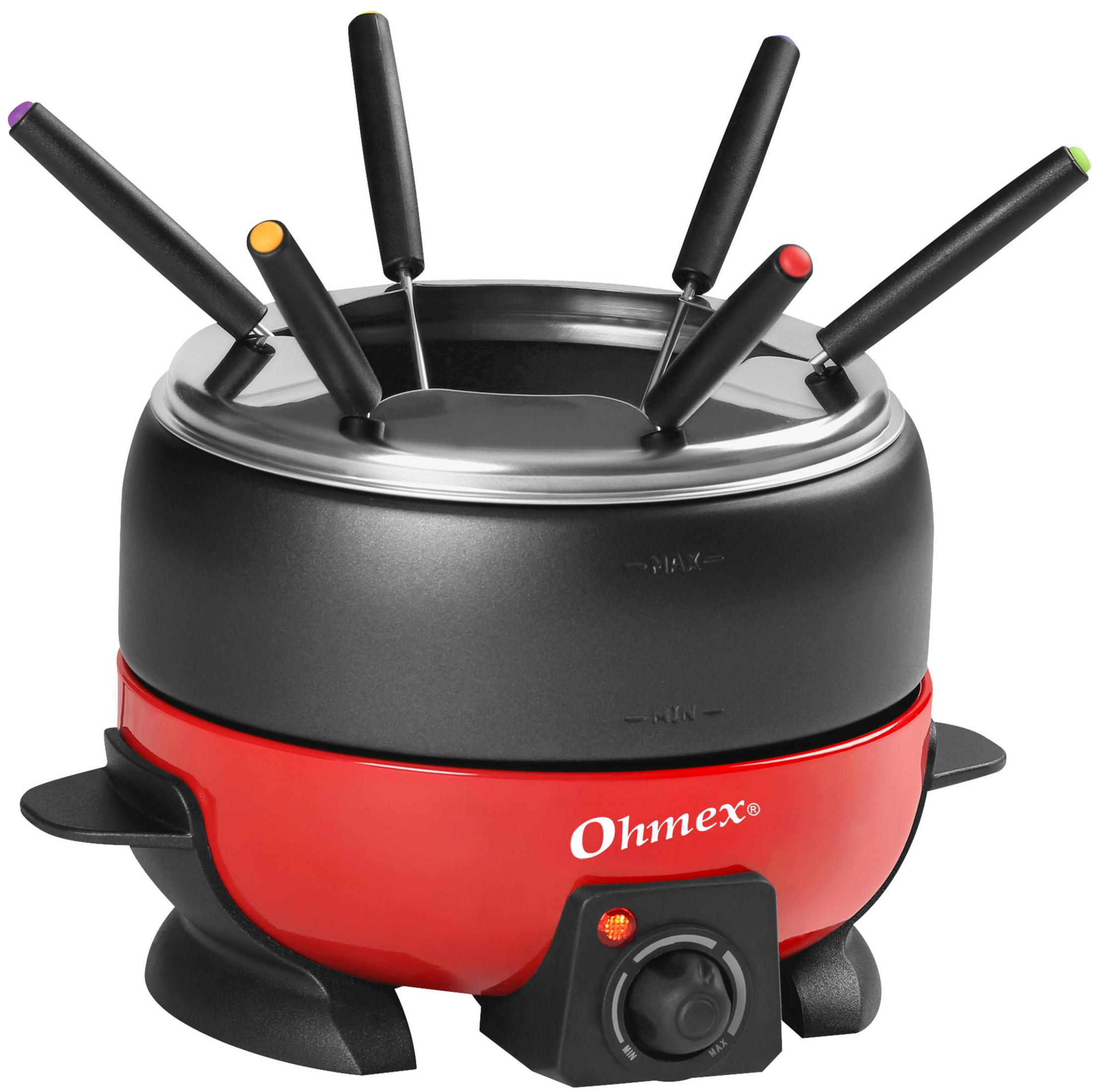 Ein rotes und schwarzes Fondue-Set mit sechs farbigen Fonduegabeln.