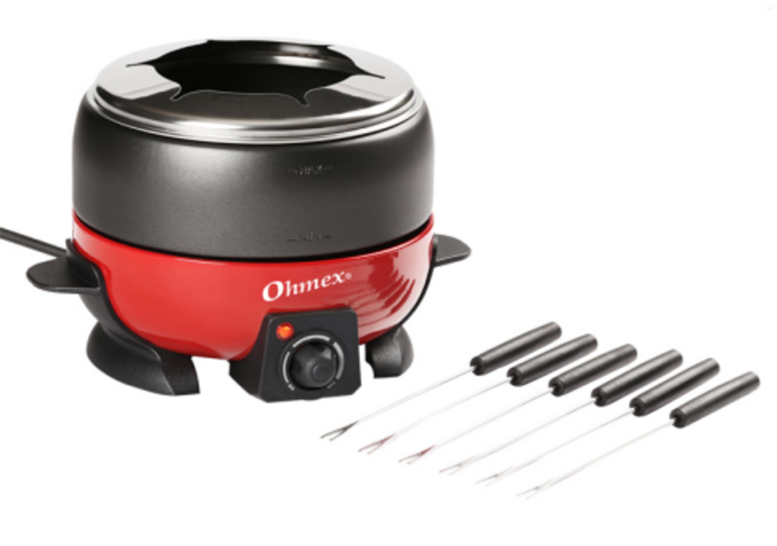 Roter und schwarzer Fondue-Topf mit silbernem Deckel und fünf Gabeln.
