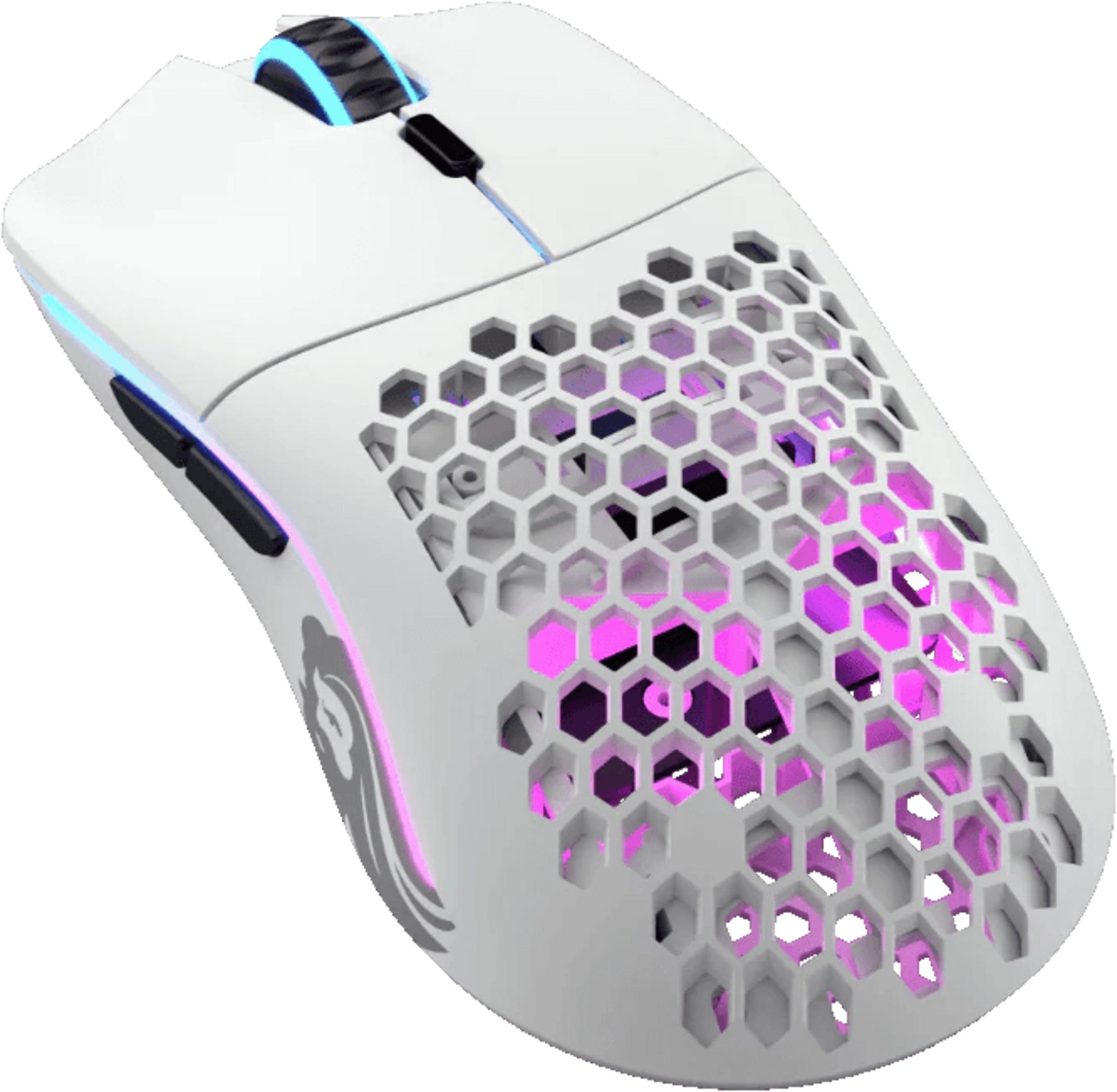 Un mouse da gaming bianco con motivo a nido d'ape e illuminazione rosa.