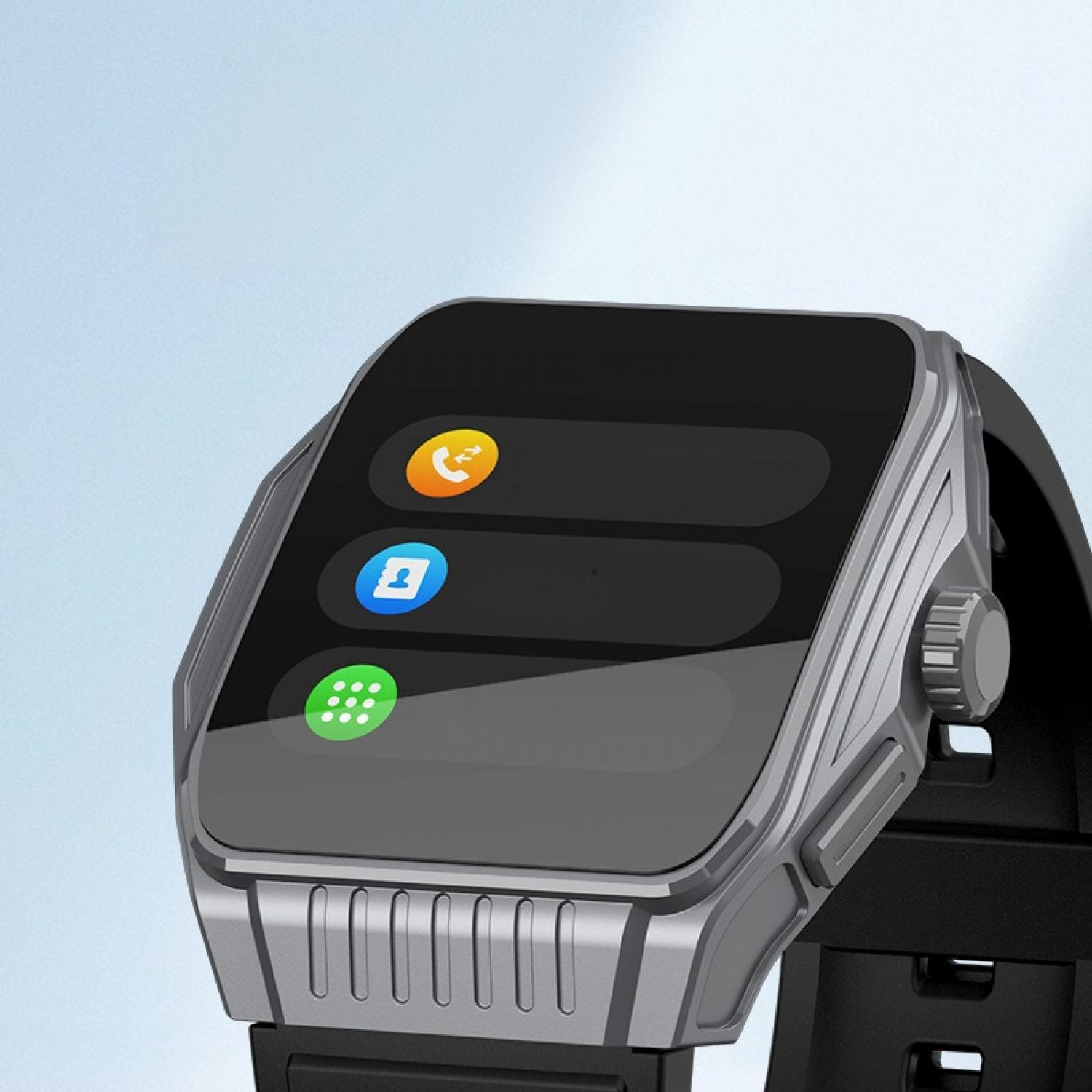 Eine graue Smartwatch mit einem schwarzen Armband und drei App-Symbolen auf dem Bildschirm.