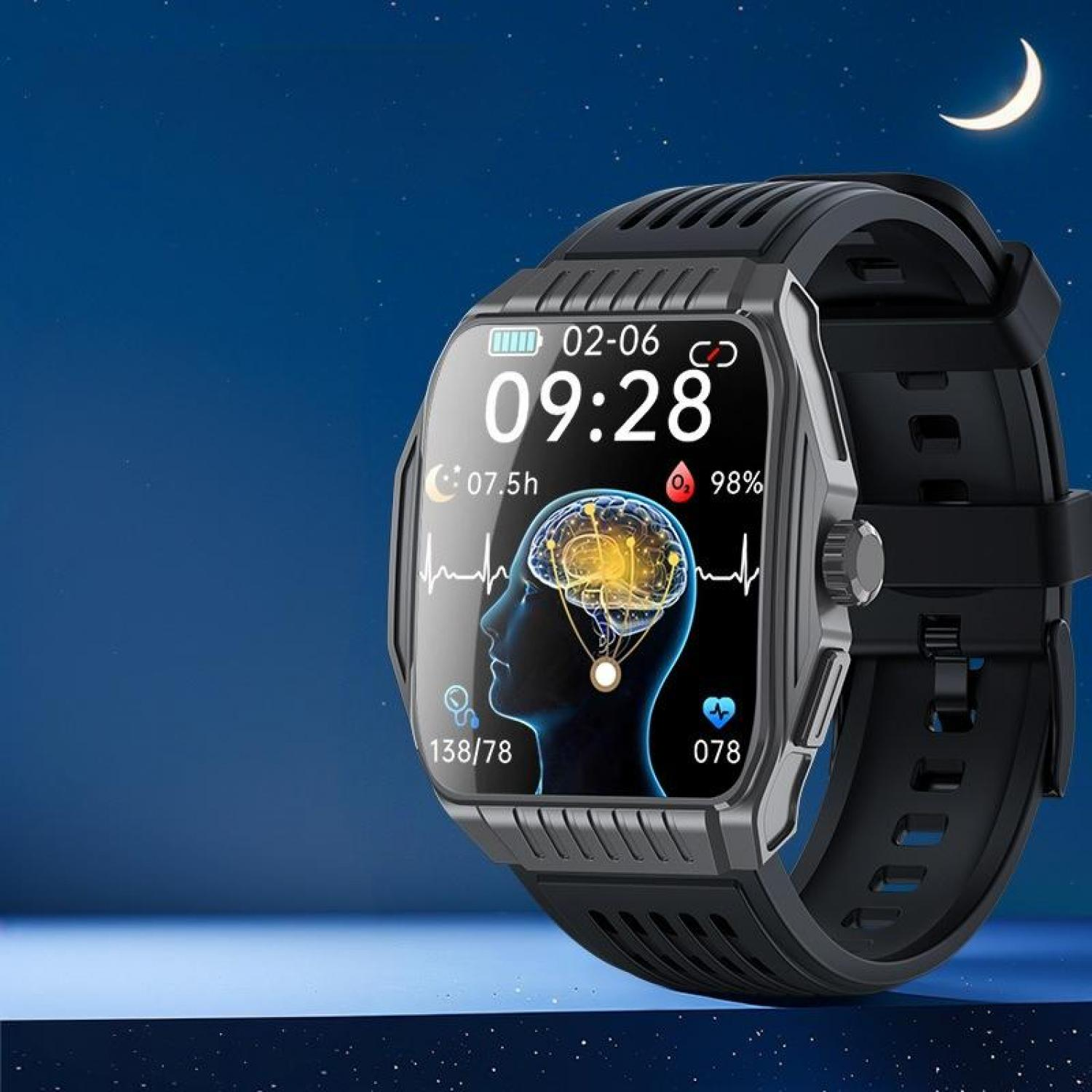 Smartwatch zeigt 9:28, Gehirnscan, Herzfrequenz 078, in sternklarer Nacht.