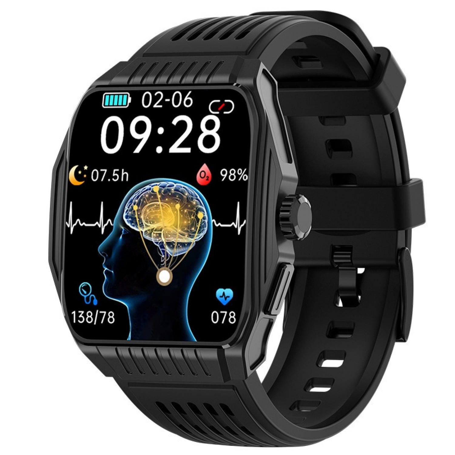 Schwarze Smartwatch mit Gesundheitsdaten auf dem Display: Uhrzeit, Herzfrequenz, Schlaf.