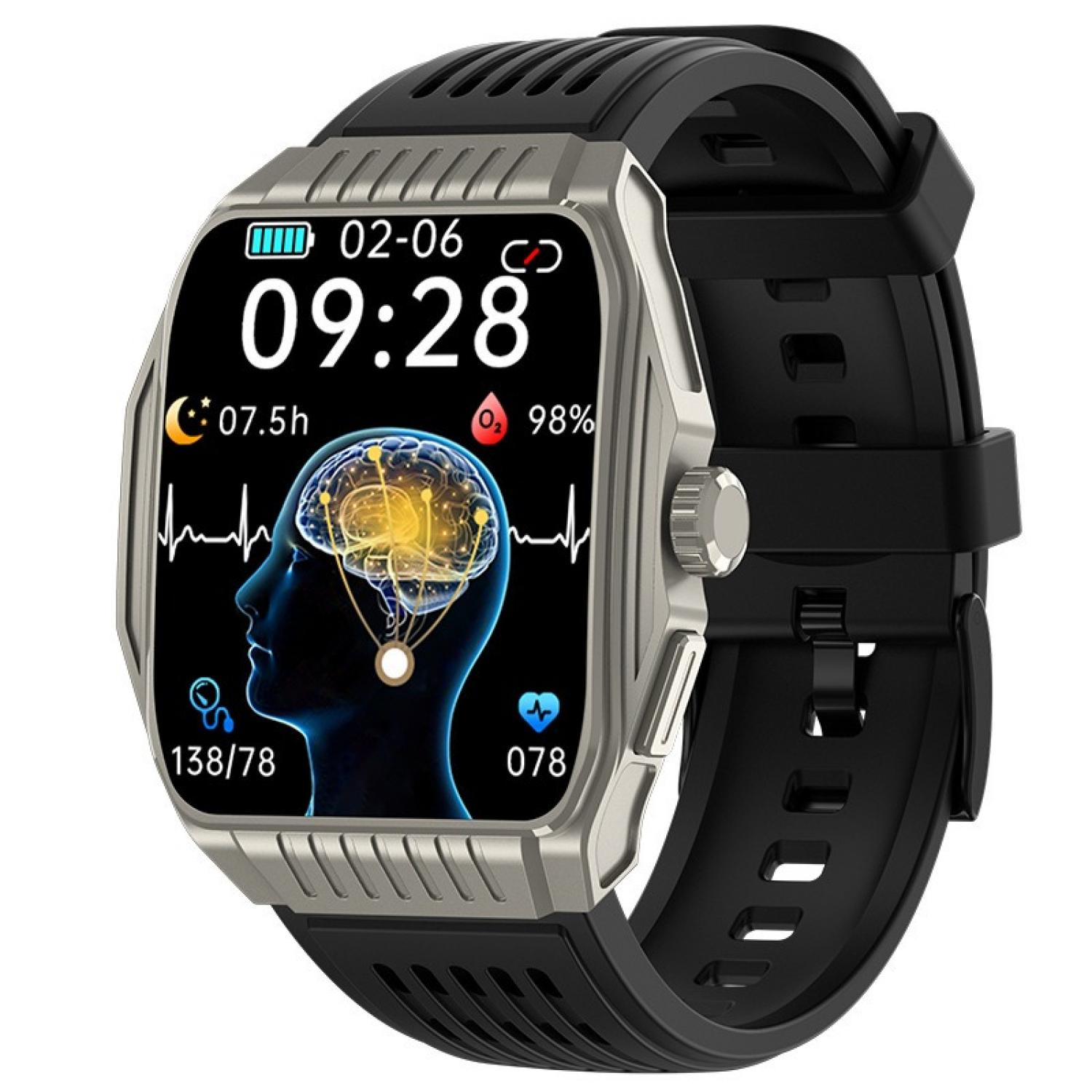 Smartwatch mit schwarzem Armband, silbernem Gehäuse, zeigt Zeit, Gehirnscan, Herzfrequenz.