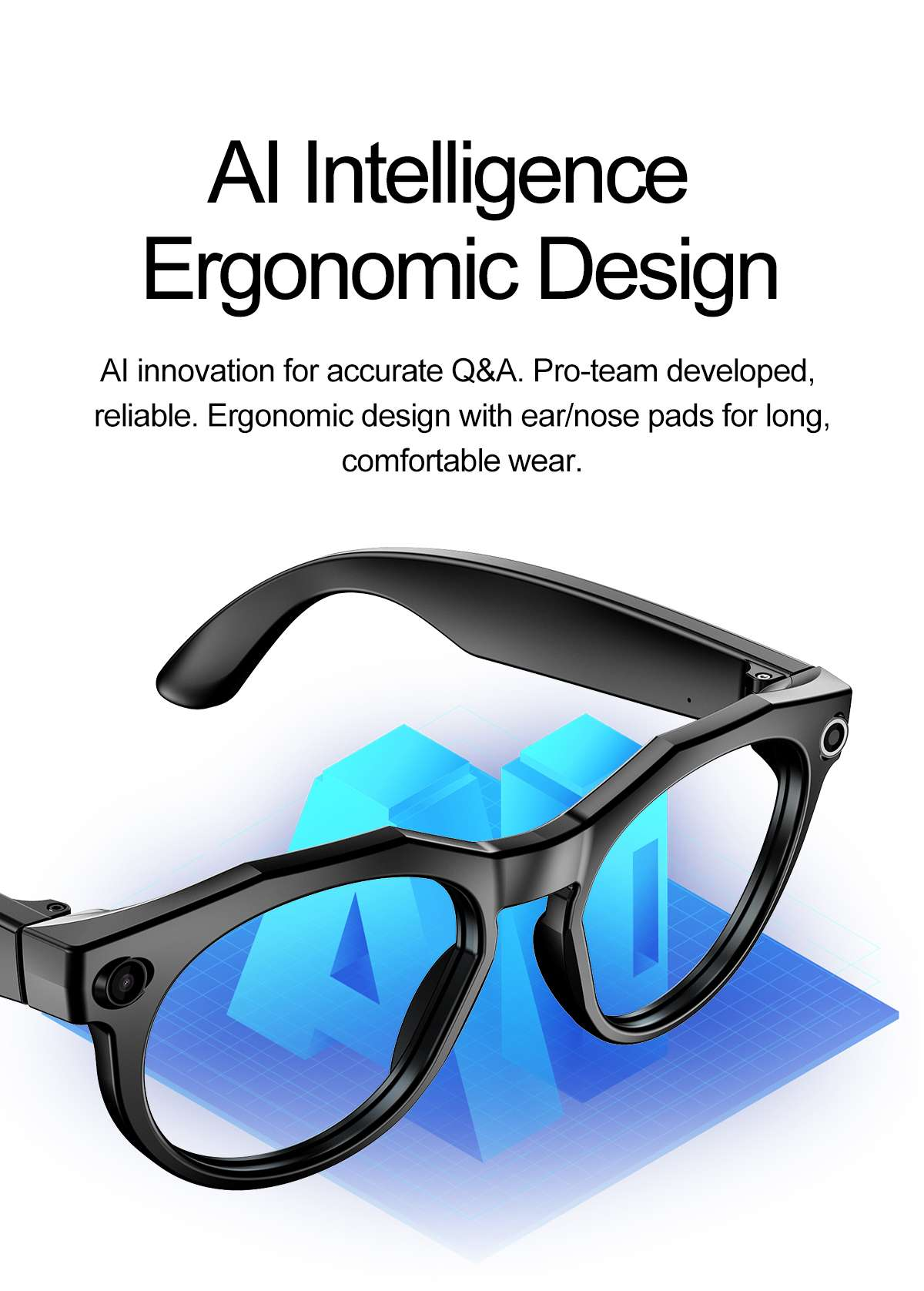 Schwarze KI-Smartbrille mit Kameras, auf blauem abstraktem Hintergrund.