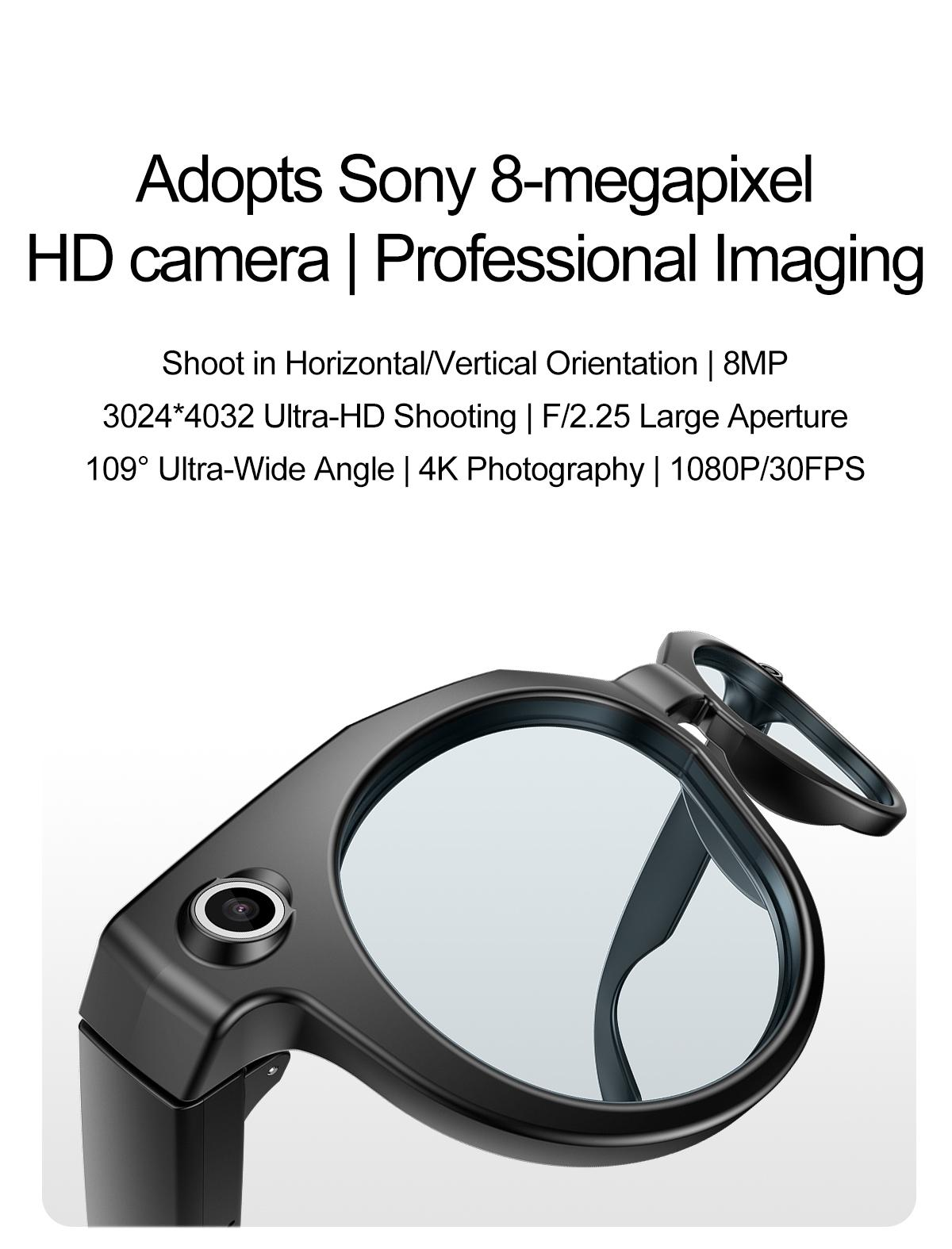 Schwarze Brille mit Sony 8MP Kamera, Ultra-Weitwinkelobjektiv.