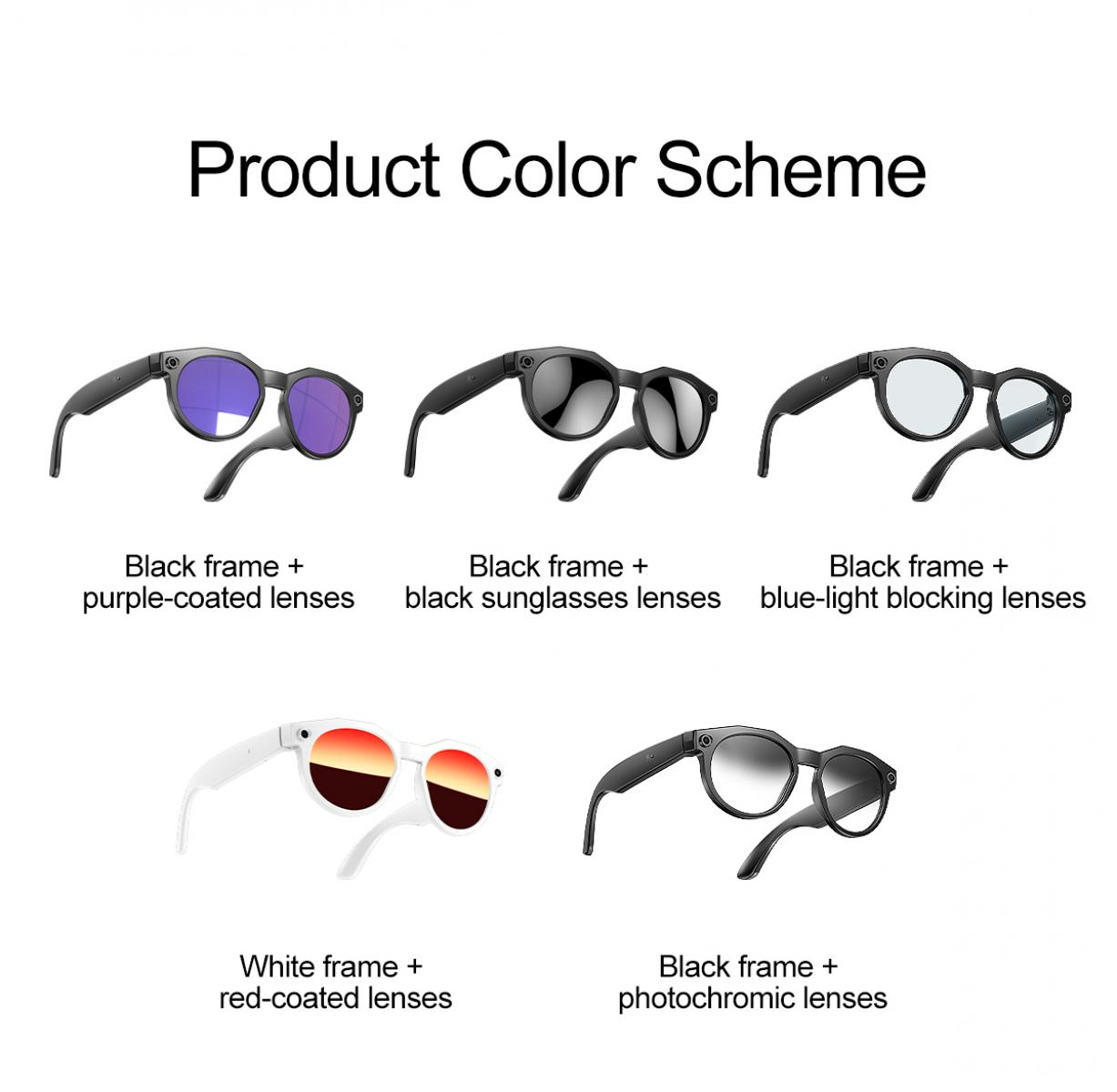 Produktfarbschemata: schwarze Rahmen mit lila, schwarzen oder blauem Licht blockierenden Gläsern.