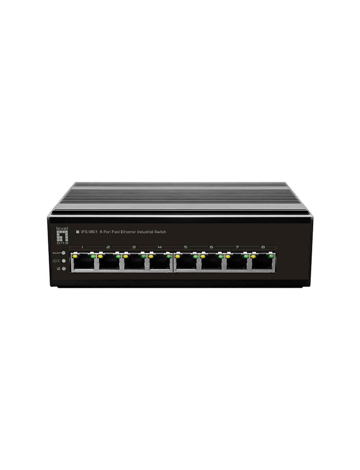 Schwarzer 8-Port Ethernet-Switch mit nummerierten Anschlüssen und Status-LEDs.