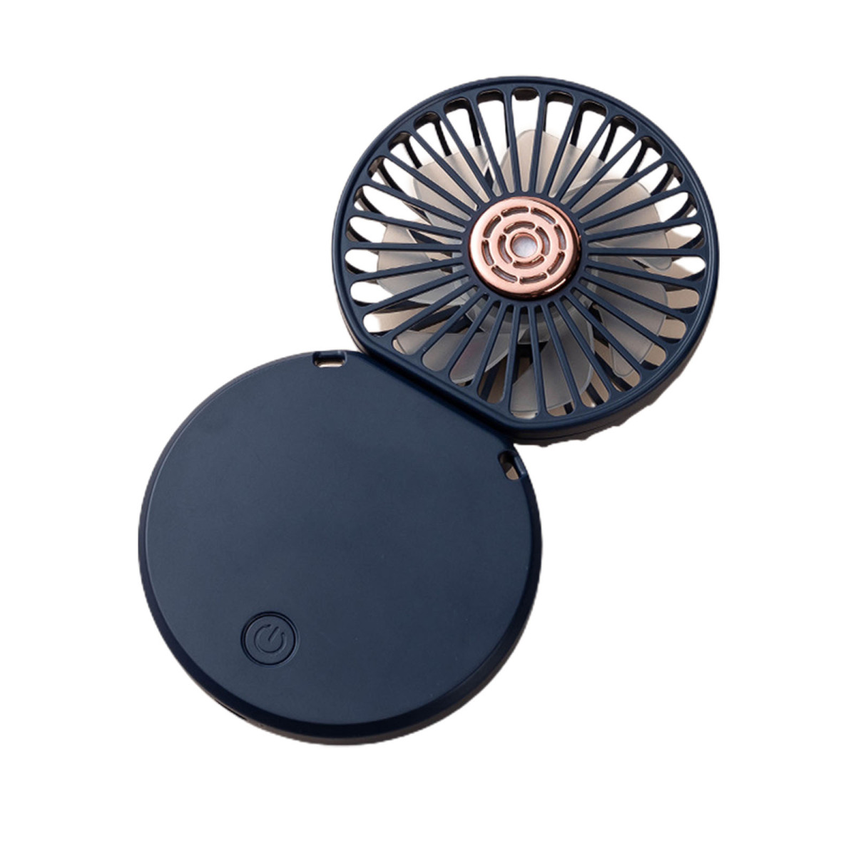 Ein dunkelblauer Klappventilator mit kupferfarbenem Mittelteil. Der Ventilator ist geöffnet.