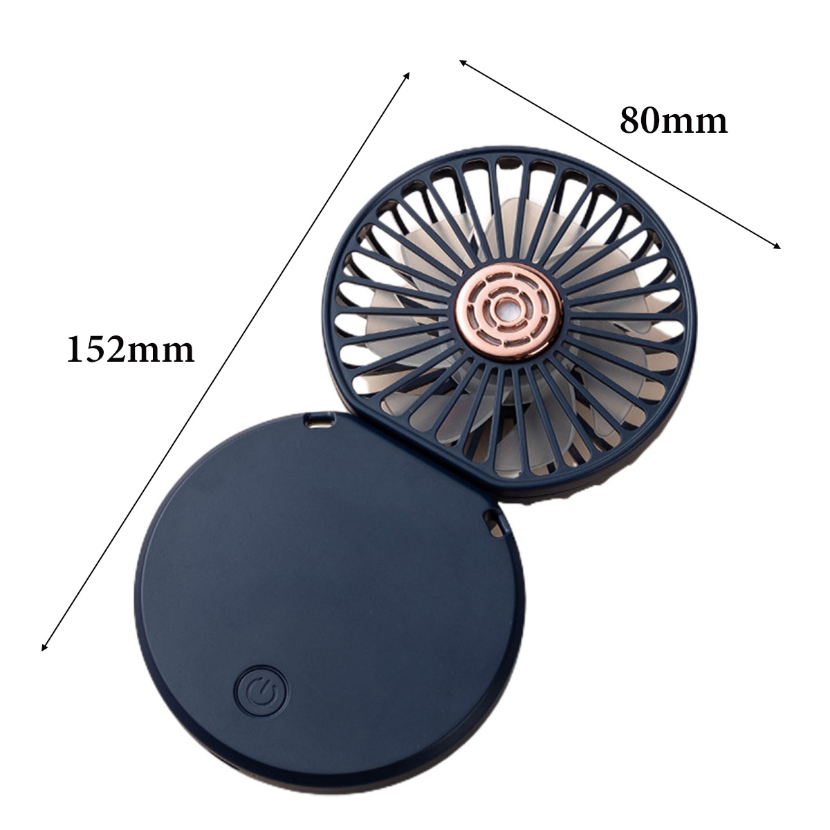Ein dunkelblauer, faltbarer Ventilator mit Kupferdetails und Maßen.