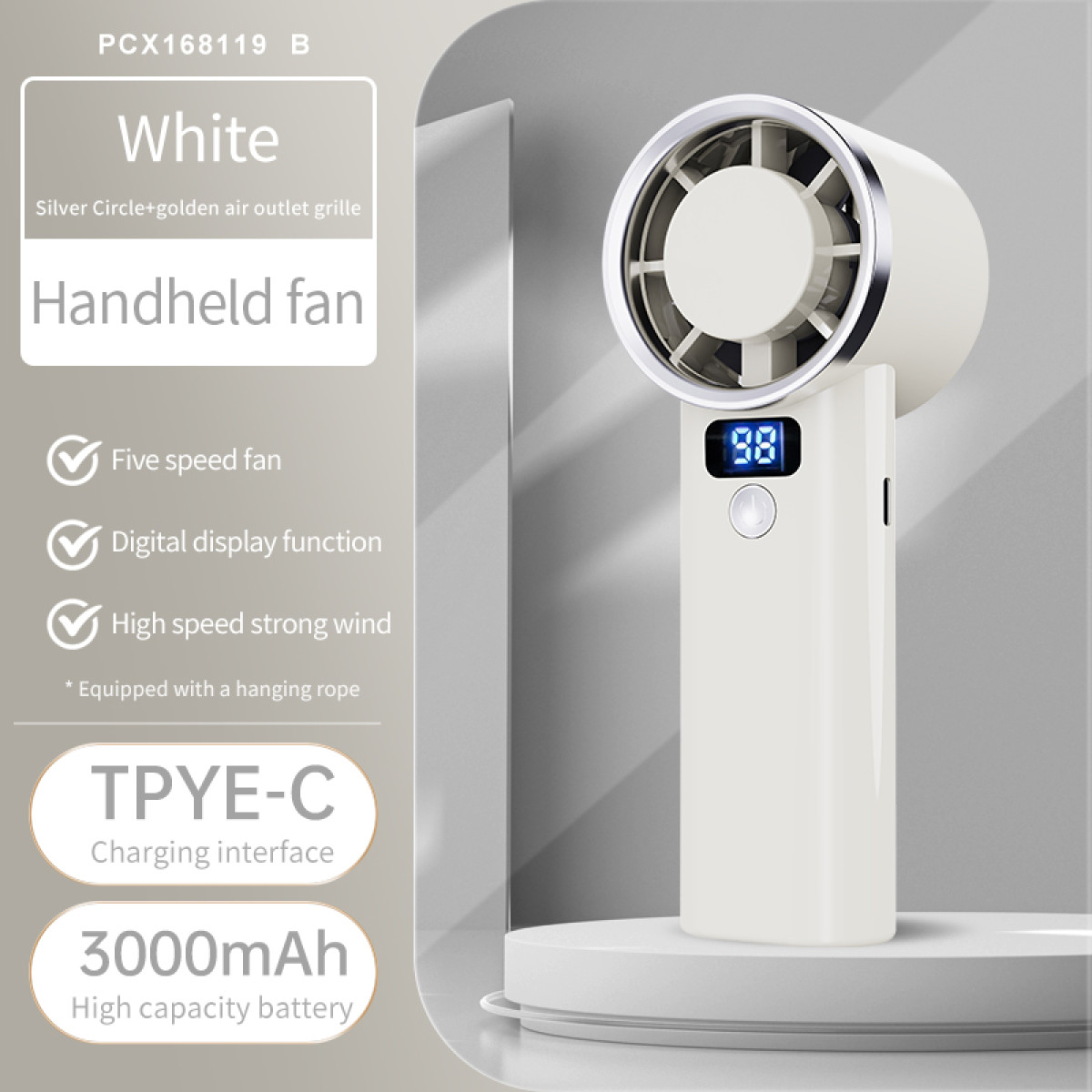 Ein weißer Handventilator mit silbernem Kreis, goldenem Lüftungsgitter und Digitalanzeige.