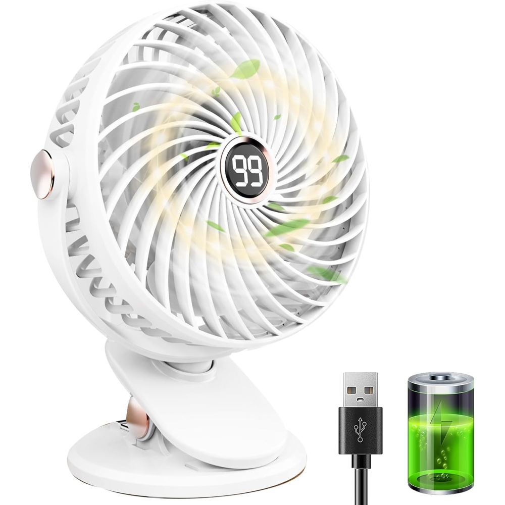 Weißer Clip-Ventilator mit digitaler Anzeige, USB-Kabel und Akku-Symbol.