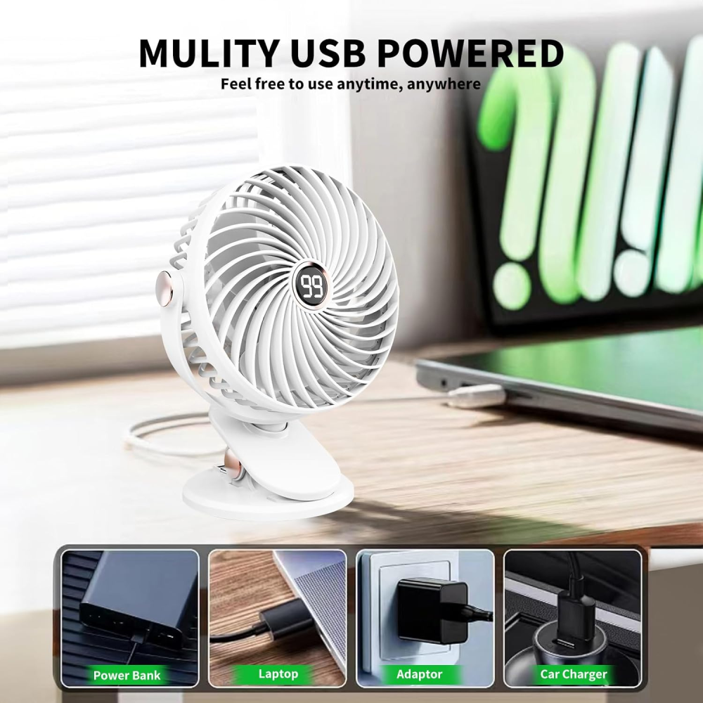 Ein weißer USB-Ventilator mit Klemme und digitaler Anzeige, verbunden mit verschiedenen Stromquellen.