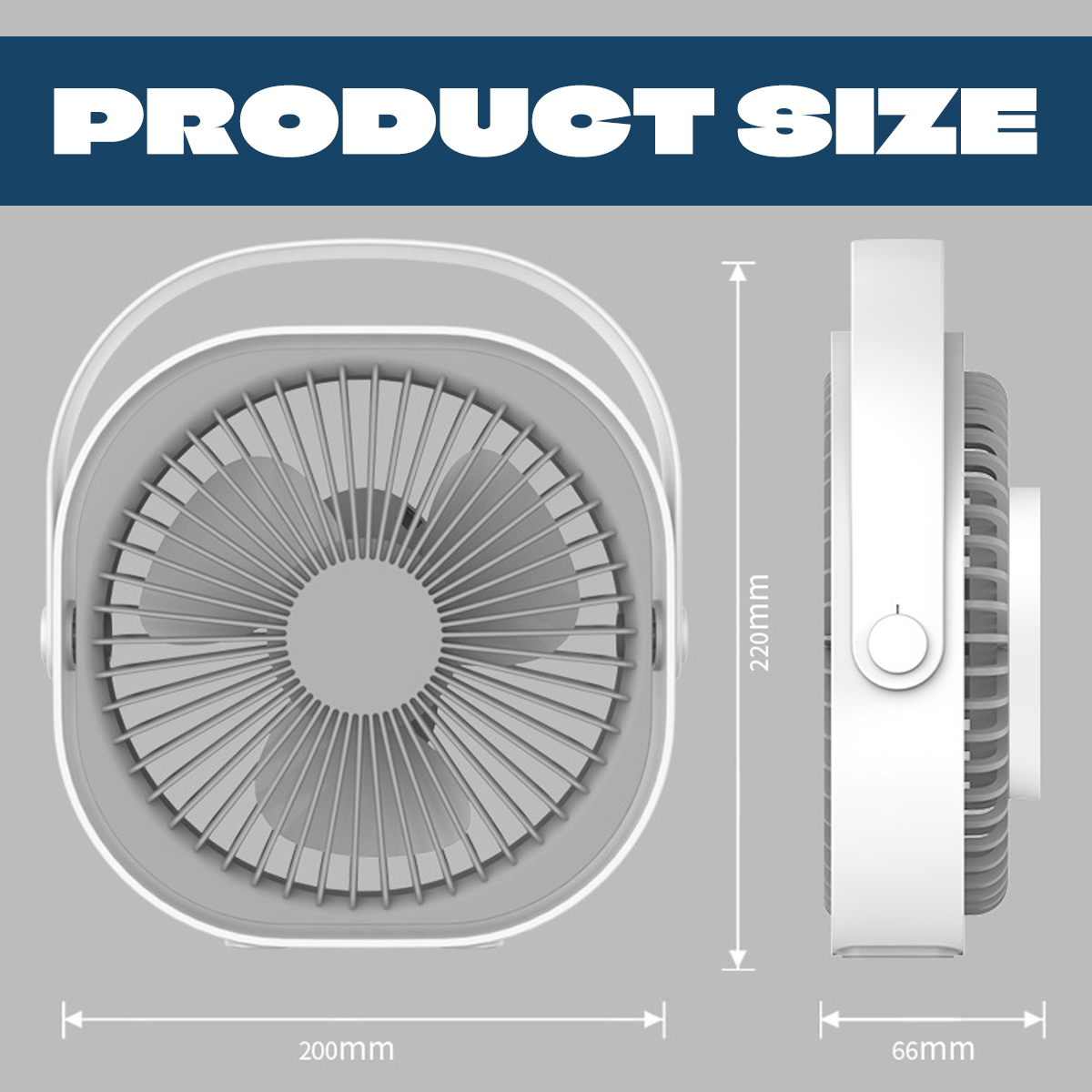 Ein grauer Ventilator mit Maßen 200x220x66mm wird gezeigt.