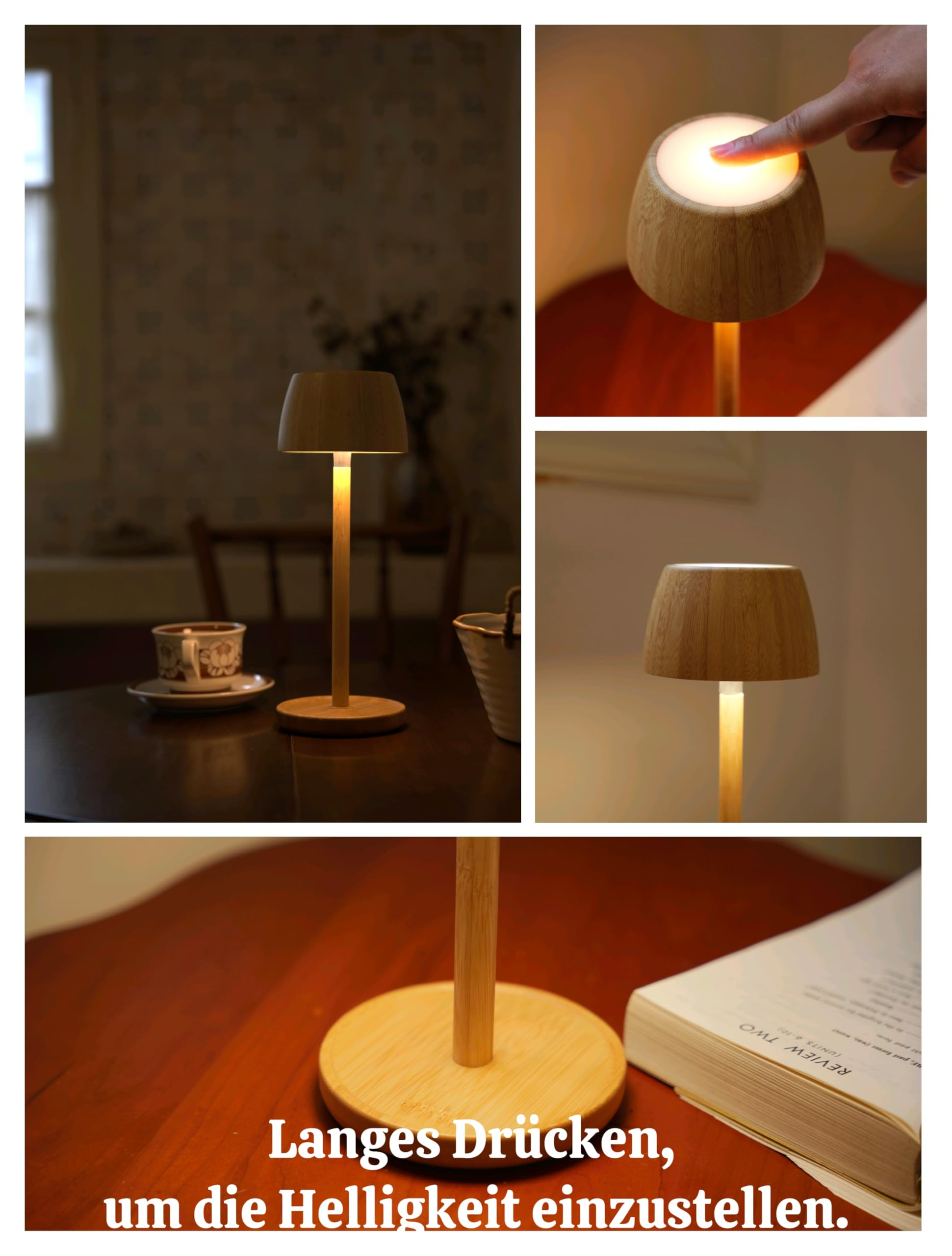 Ein Nachttisch mit Holzlampe und Buch. Tippen Sie auf die Lampe, um sie einzuschalten.