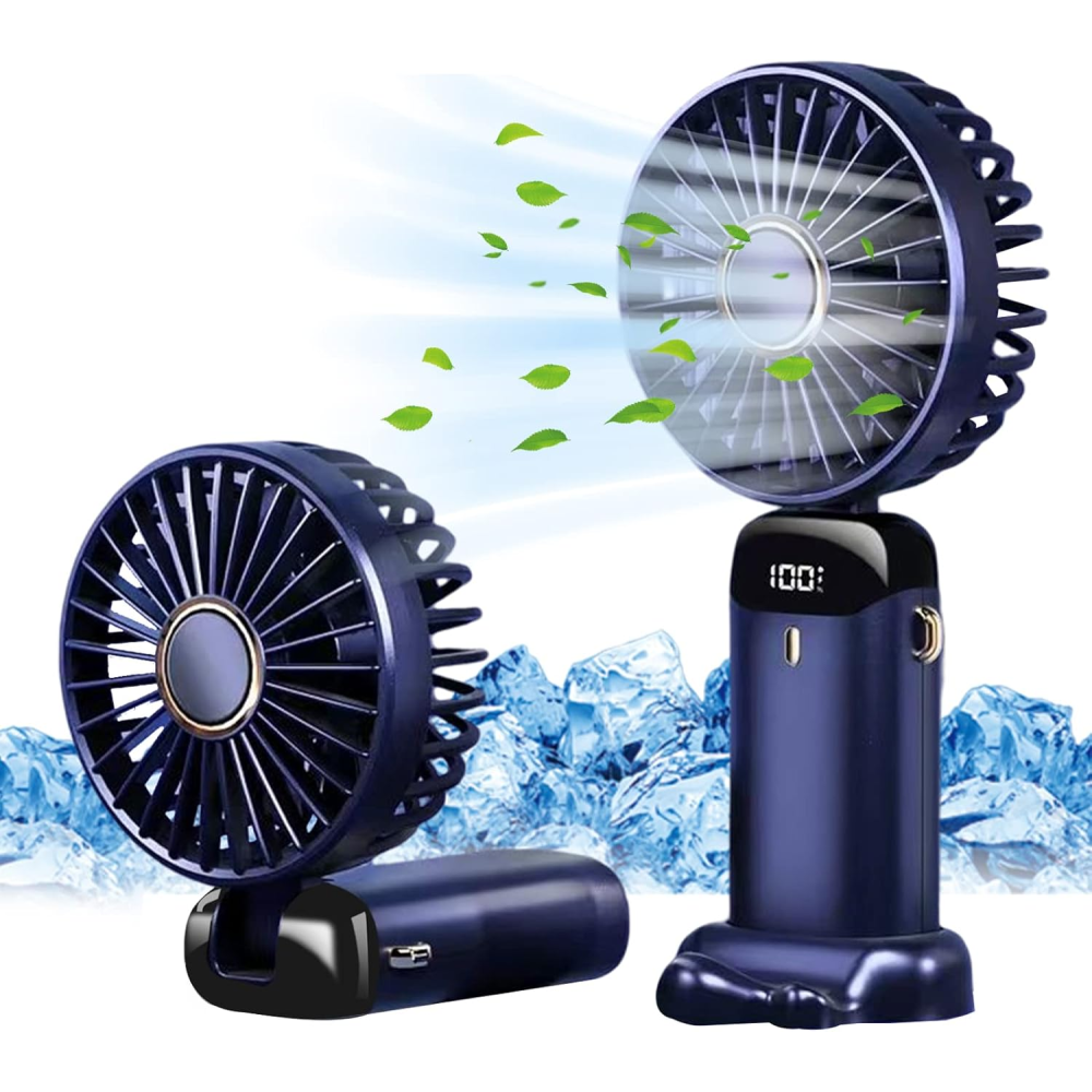 Zwei blaue Ventilatoren mit Blättern, die von Eis umgeben sind.