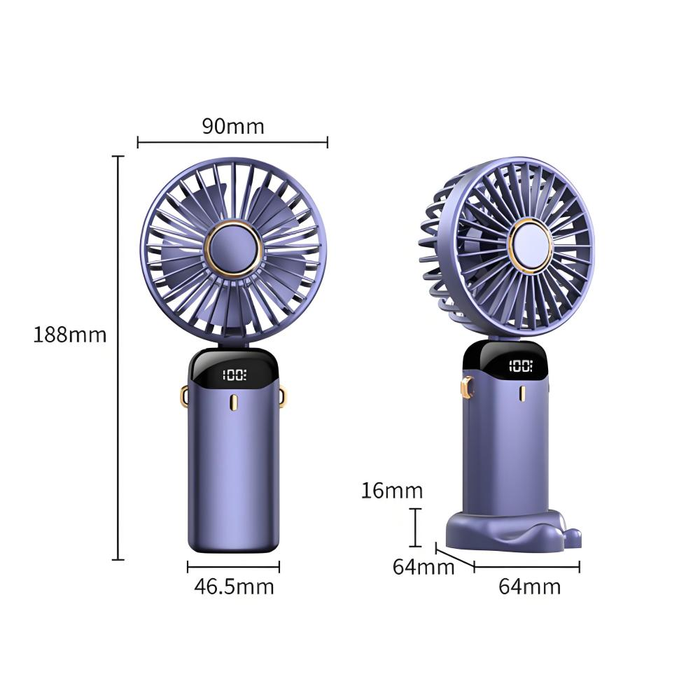 Lila Ventilator mit digitalen Maßen und Ladeanzeige.