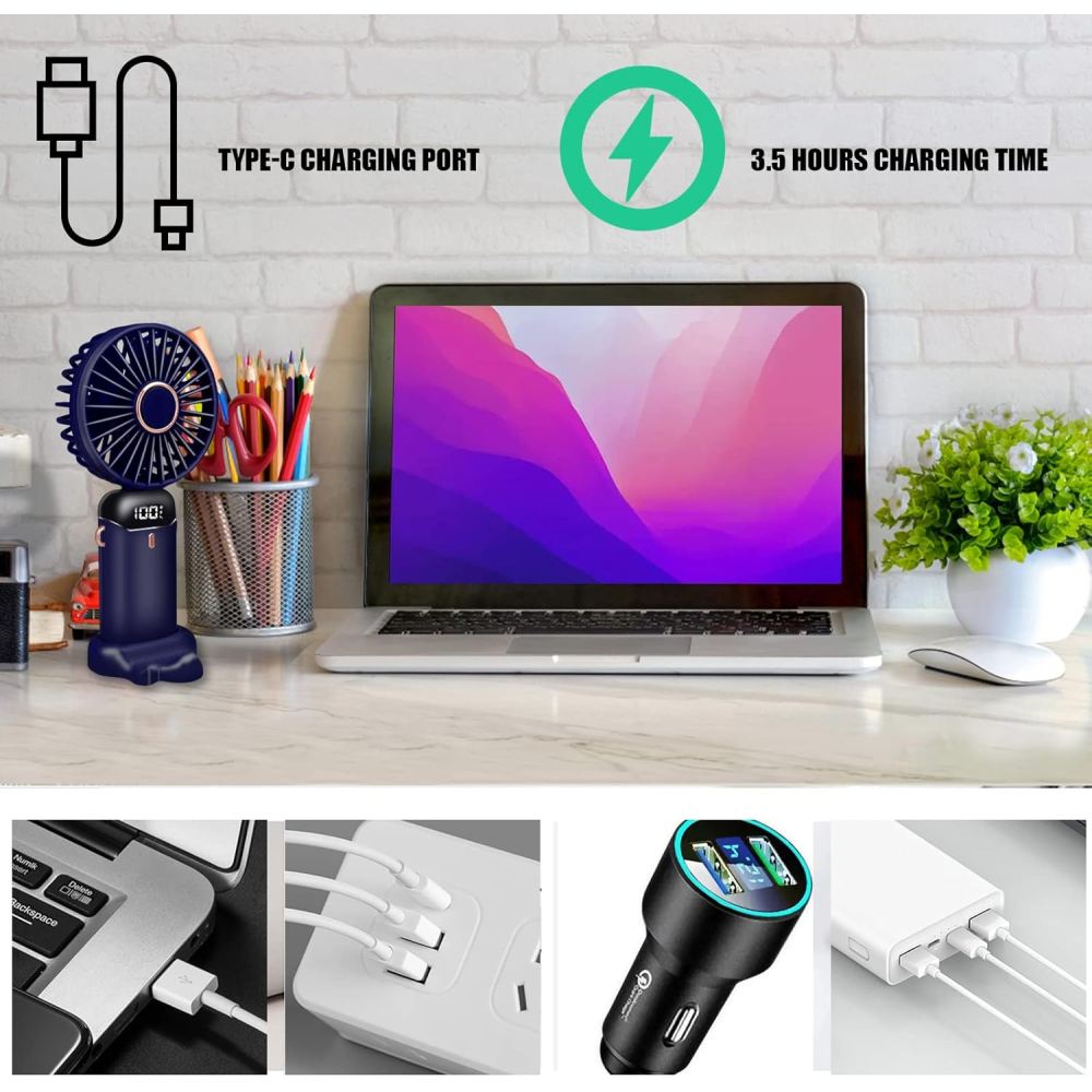 Schreibtischszene mit Laptop, Ventilator, Ladeanschluss-Symbolen und Ladezubehör.