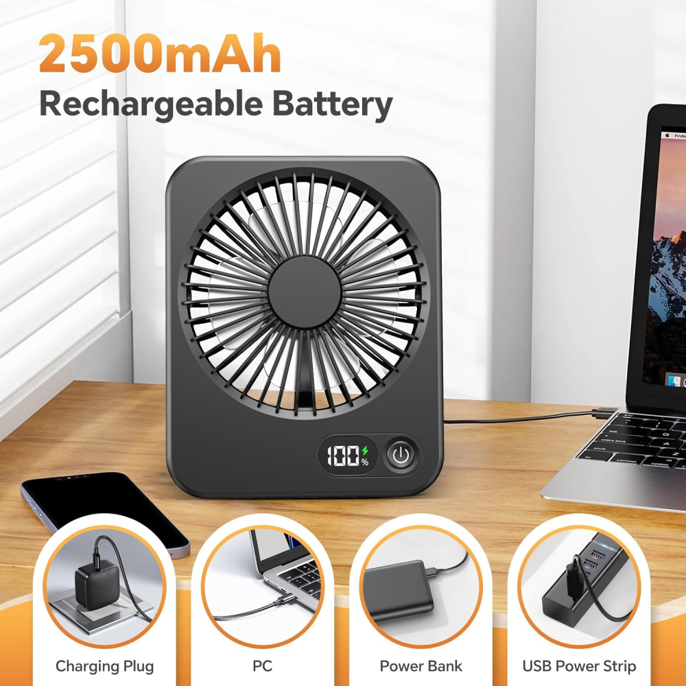 Schwarzer Ventilator mit 2500mAh Batterie, lädt Laptop, Handy, Powerbank, Steckdosenleiste.