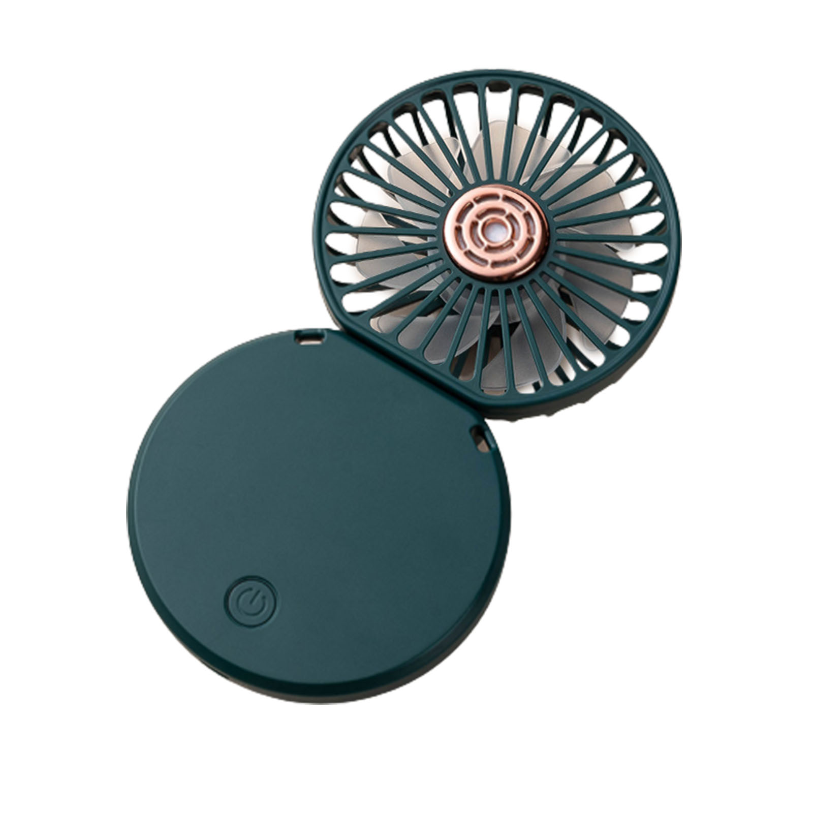 Ein dunkelgrüner, zusammenklappbarer Ventilator mit kupferfarbenem Mittelteil.