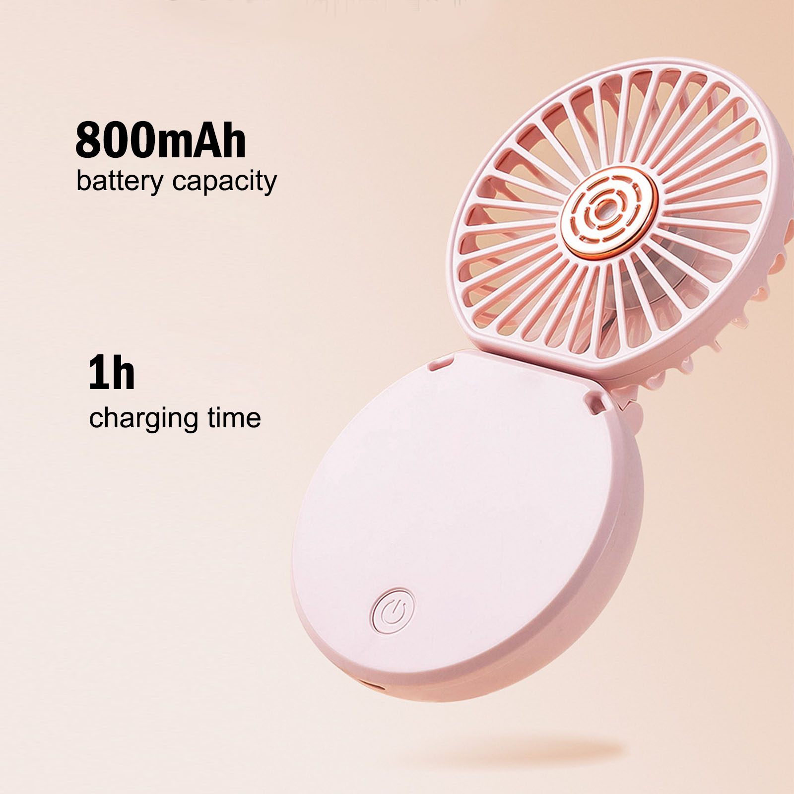 Ein rosafarbener Handventilator mit 800mAh Akku und 1h Ladezeit.