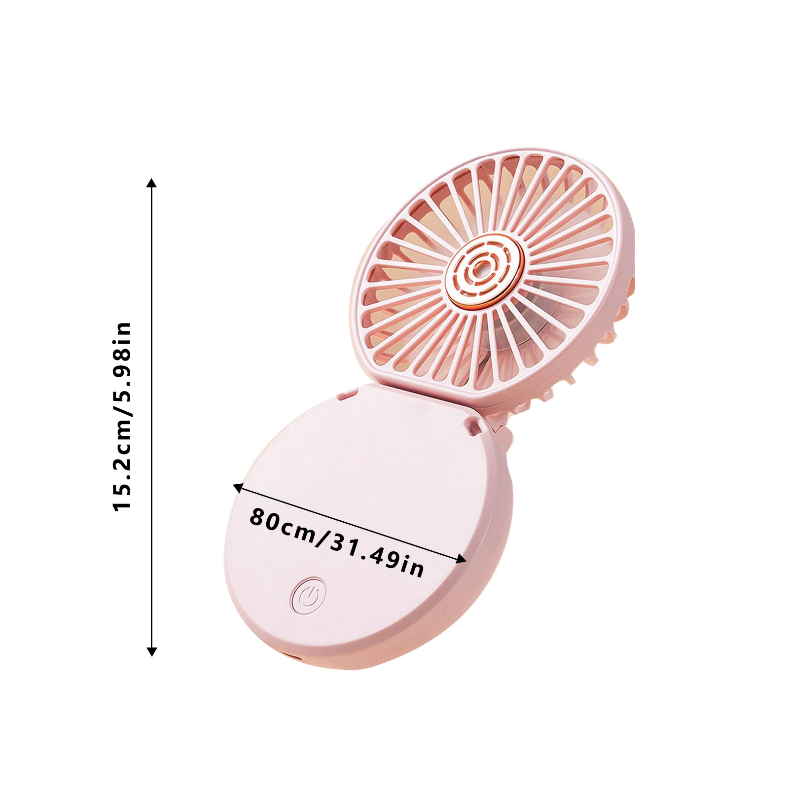 Ein rosafarbener, zusammenklappbarer Mini-Ventilator mit Ladeanzeige.