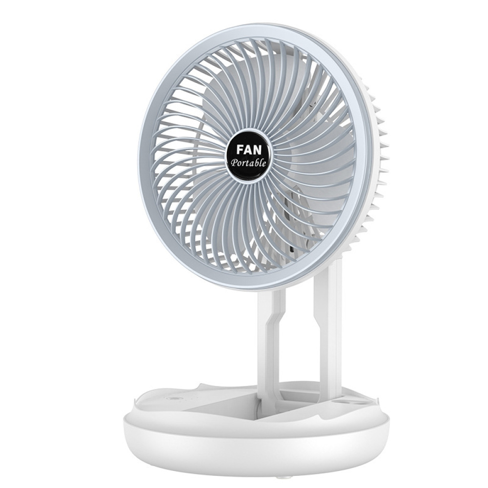 Ein weißer, zusammenklappbarer Tischventilator mit silbernem Rand und schwarzem Logo.