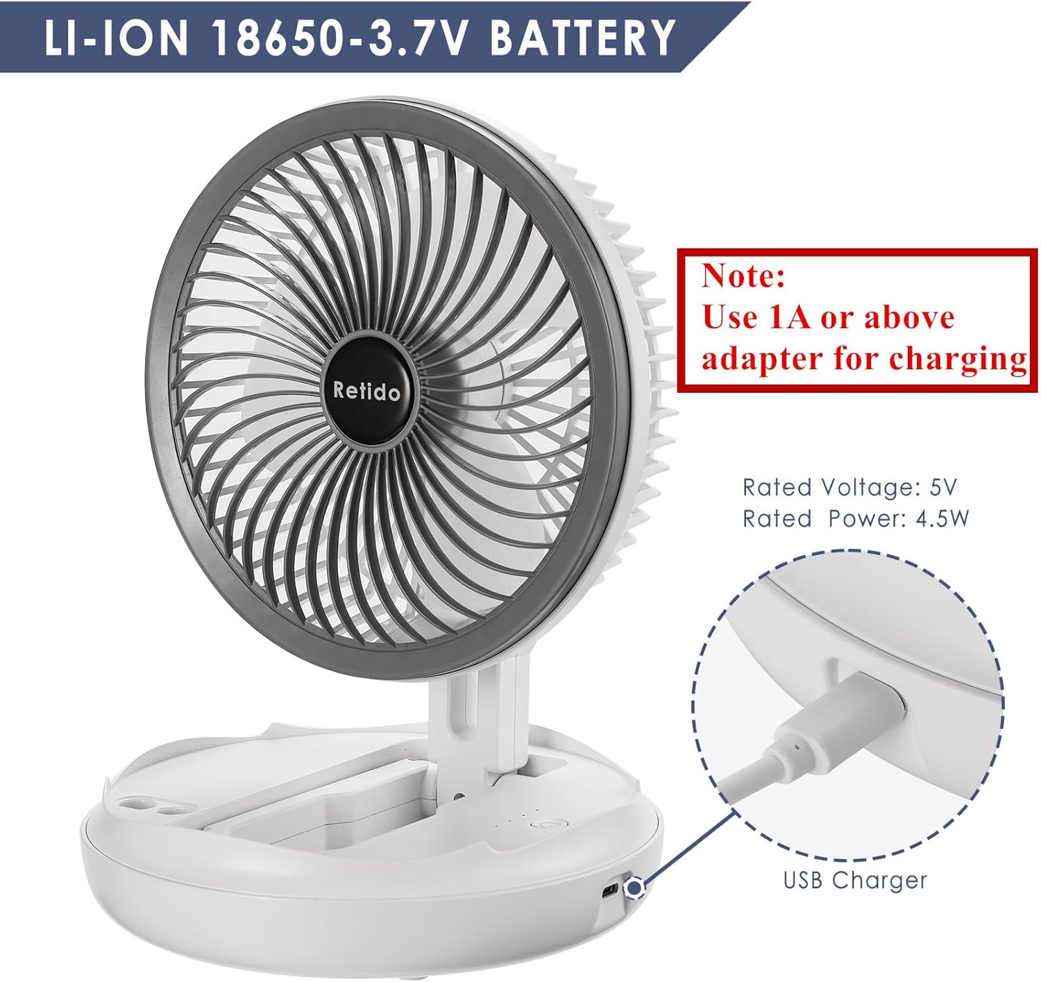 Ein weißer, faltbarer USB-Ventilator mit grauer Lüfterabdeckung und Hinweisen zur Aufladung.