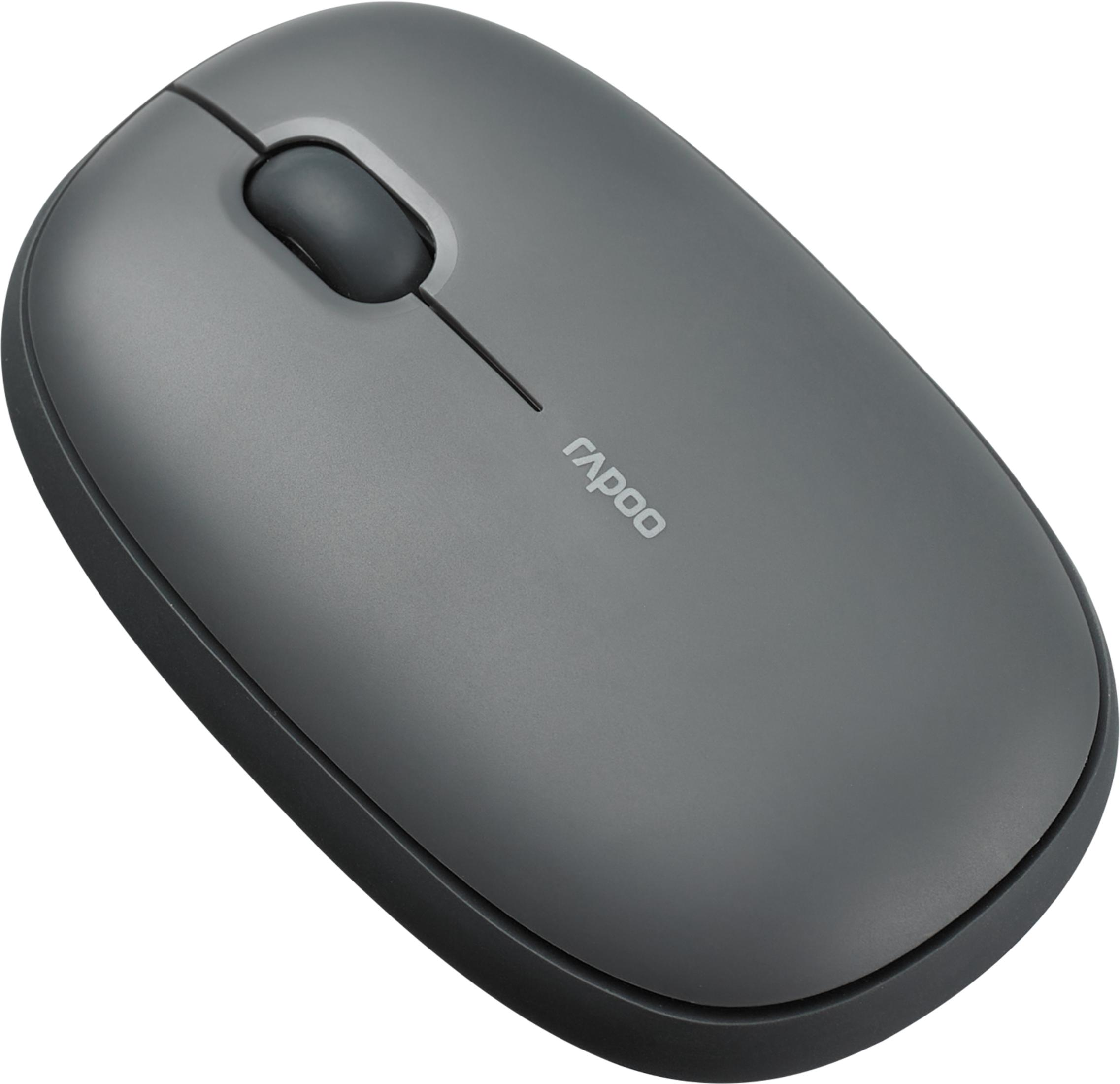 Grijze Rapoo computermuis met scrollwiel en knoppen op witte achtergrond.