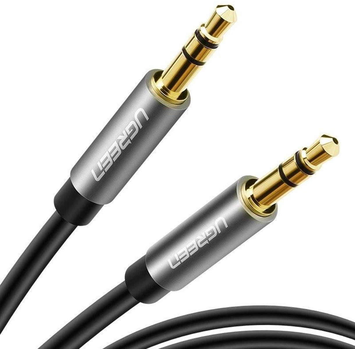 Dwa złote wtyki audio 3,5 mm ze srebrnymi obudowami i czarnymi kablami.