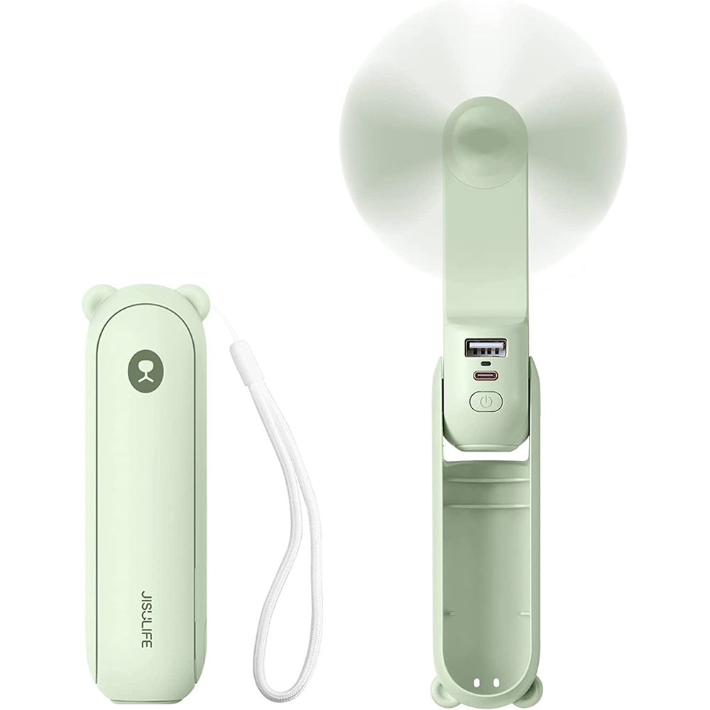 Ein hellgrüner, faltbarer Ventilator und sein Gehäuse mit Bärenohren sind auf weißem Grund dargestellt.