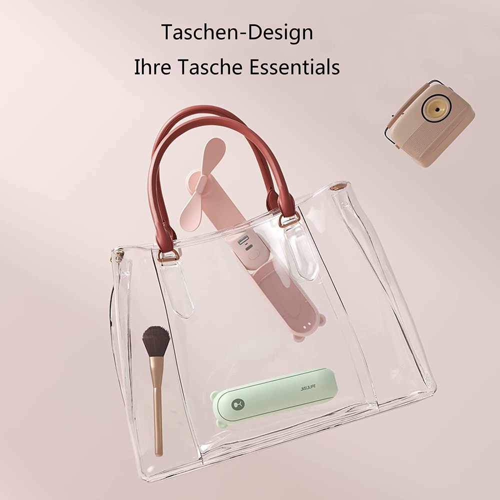 Transparente Tasche mit rosa Ventilator, grüner Mini-Lüfter und Pinsel.