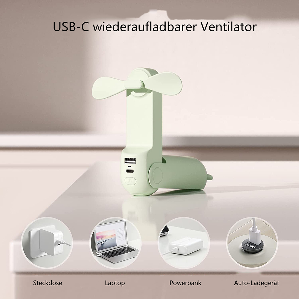 Ein hellgrüner USB-C wiederaufladbarer Ventilator mit zwei USB-Anschlüssen.