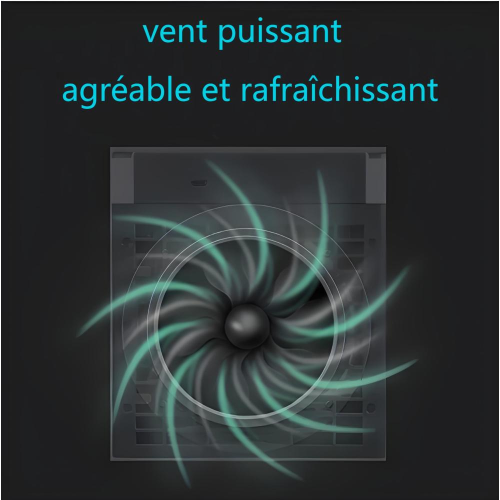 Ein Lüfter mit blauen und grünen Windströmen auf schwarzem Hintergrund.