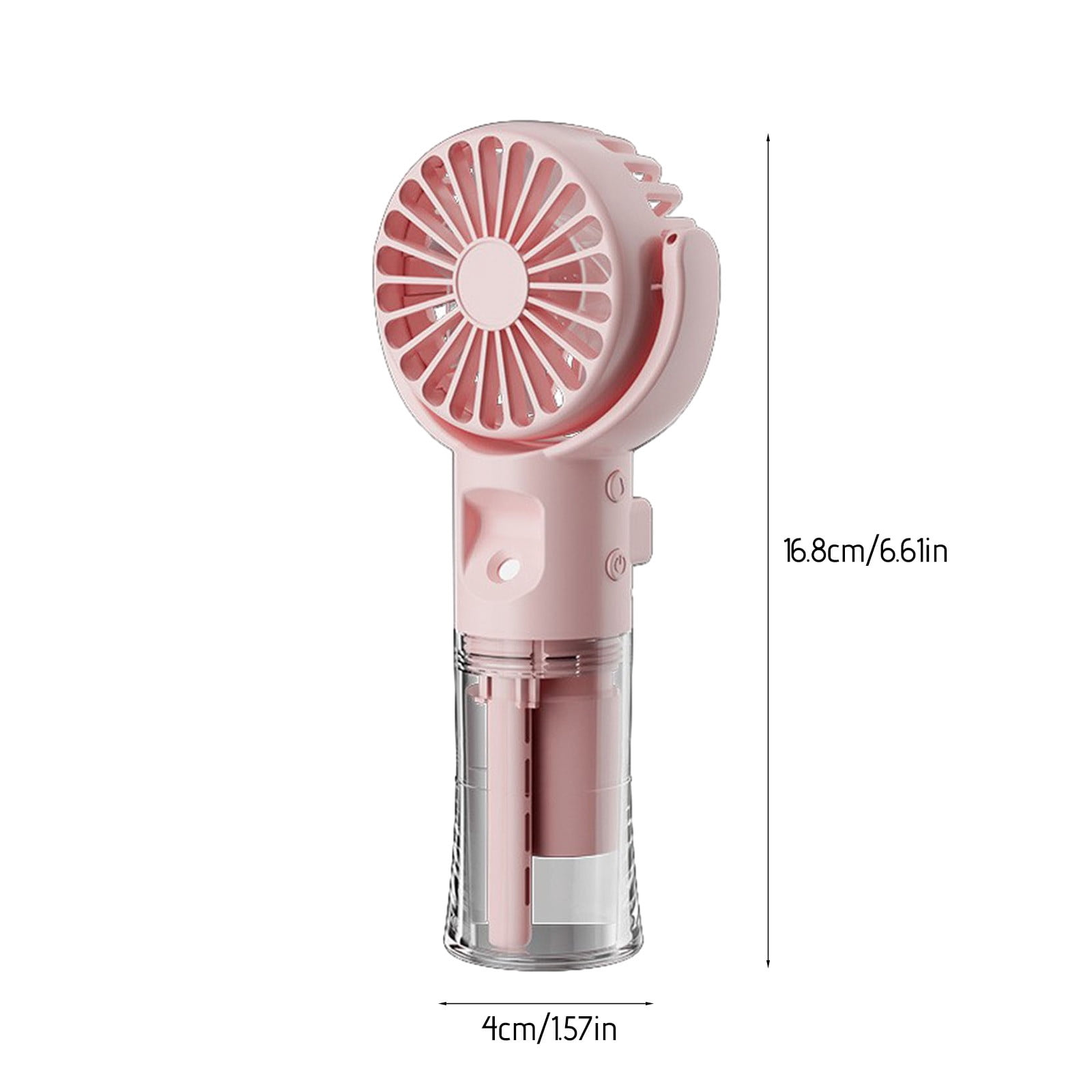 Ein rosafarbener Handventilator mit transparentem Griff und Maßen.