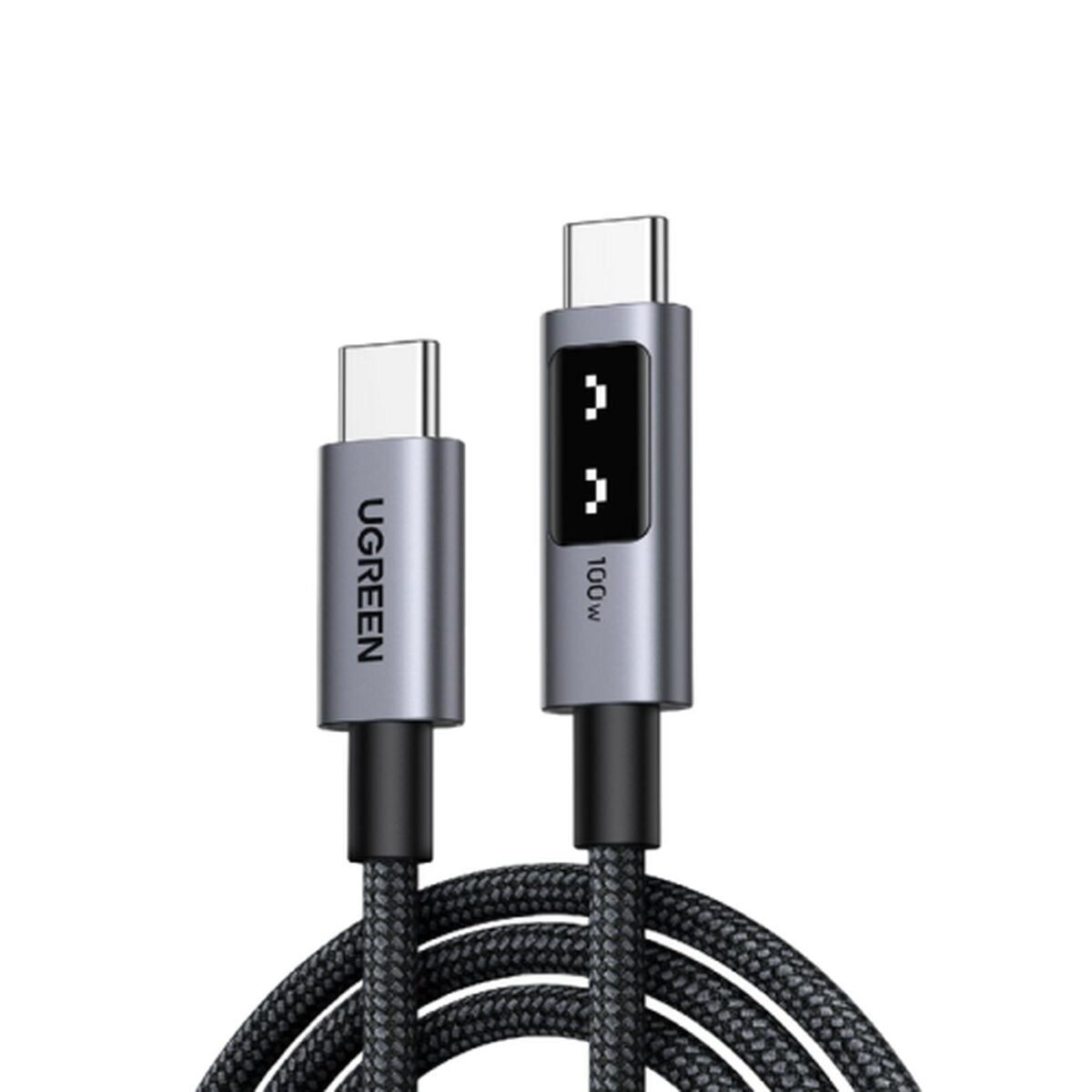 Due cavi USB-C con connettori grigi e cavo intrecciato nero.