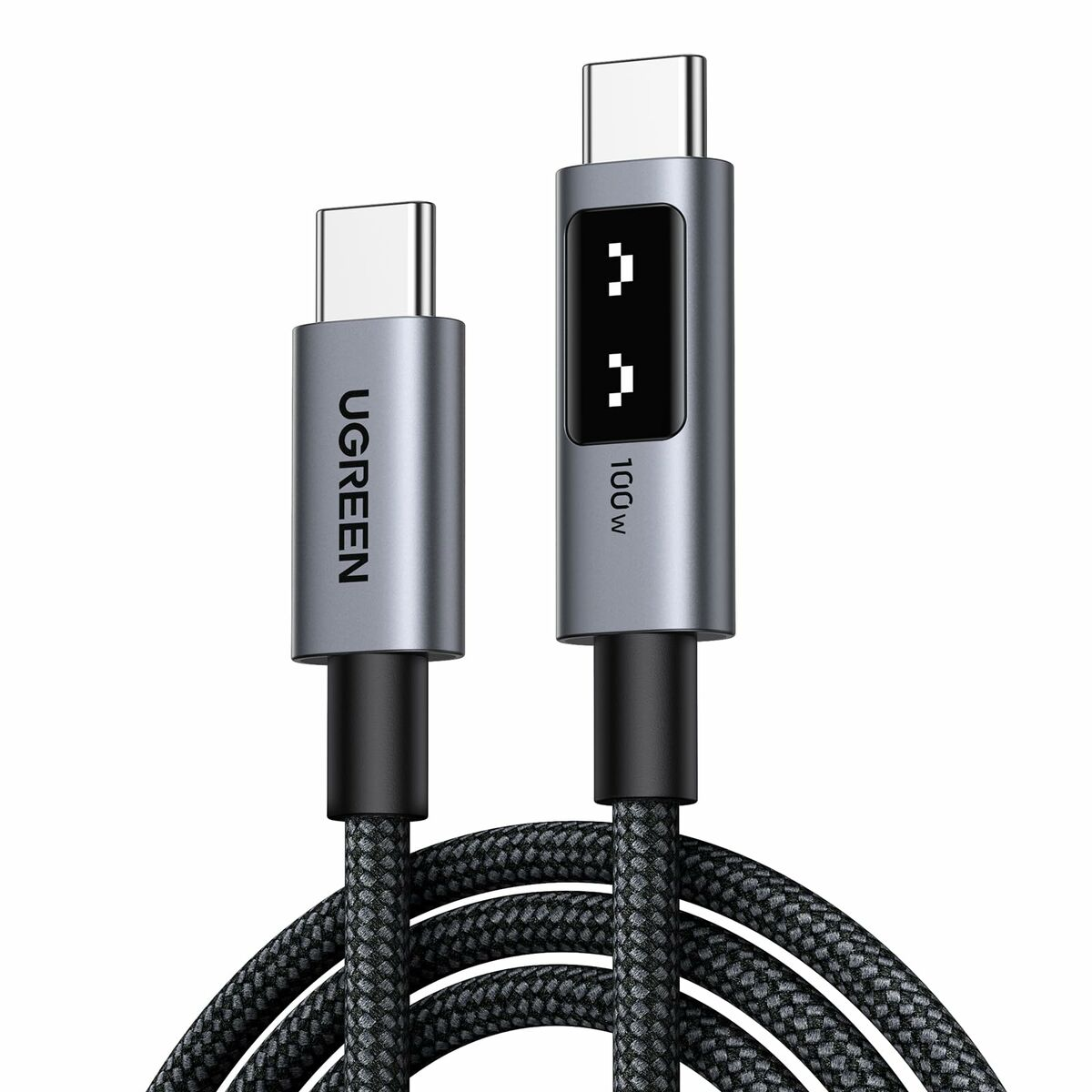 Cavo USB-C UGREEN 100W con display digitale. Connettori grigi, cavo intrecciato nero.