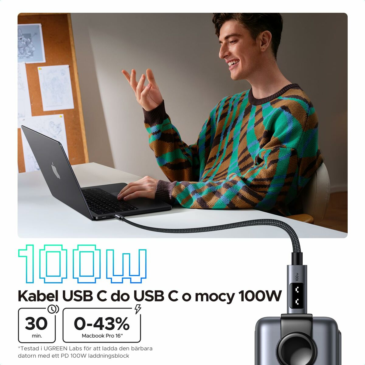 Uomo carica MacBook Pro 16" con cavo USB-C da 100W. 0-43% in 30 min.