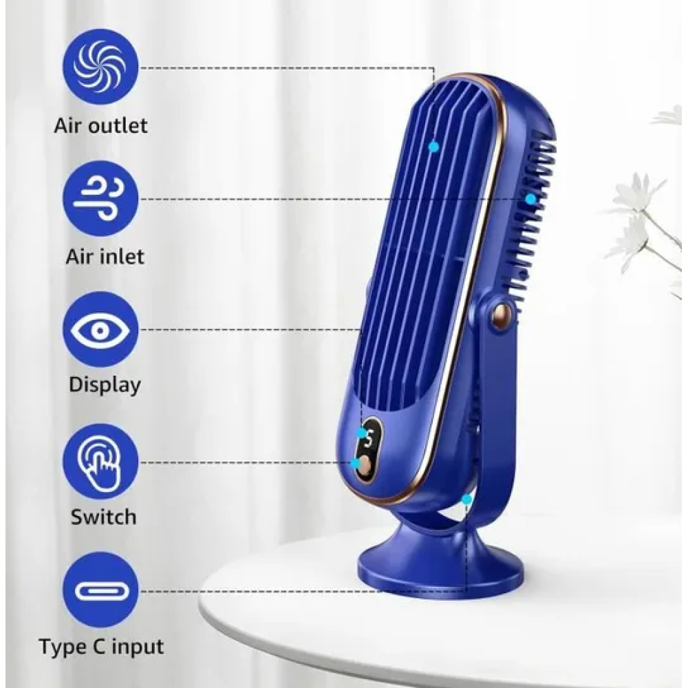 Ein blauer Ventilator mit Lüftungsschlitzen, Display und Typ-C-Anschluss.