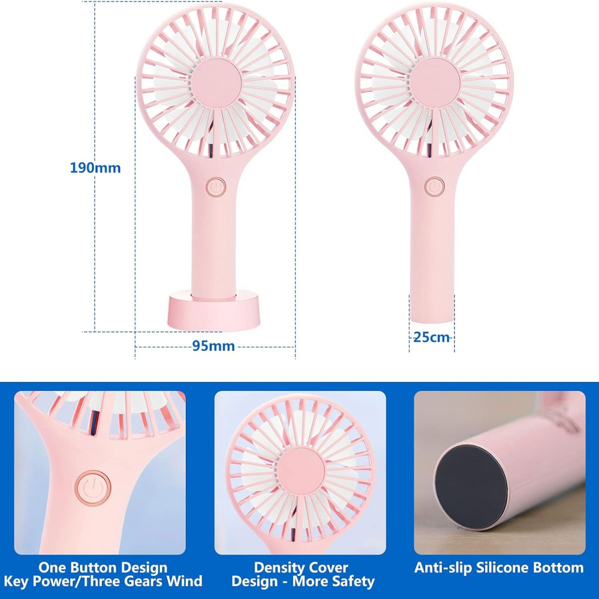 Zwei rosa Handventilatoren, einer mit Basis, Maße angegeben.