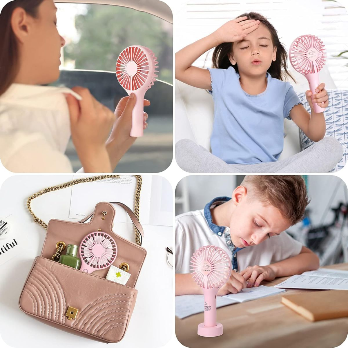 Vier Szenen zeigen einen rosa Ventilator in verschiedenen Situationen.