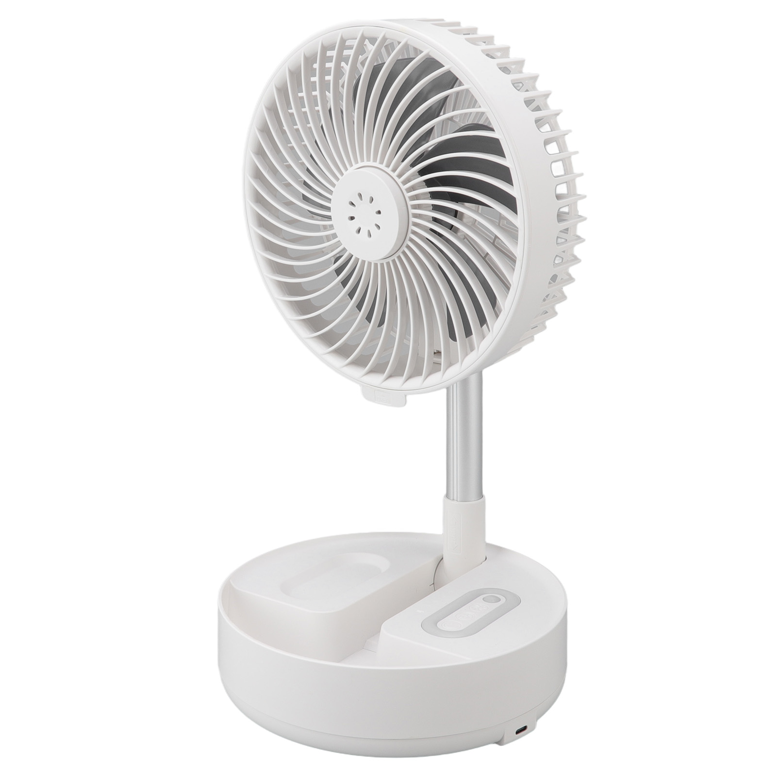 Ein weißer, tragbarer Ventilator mit ausziehbarem Ständer und rundem Sockel.