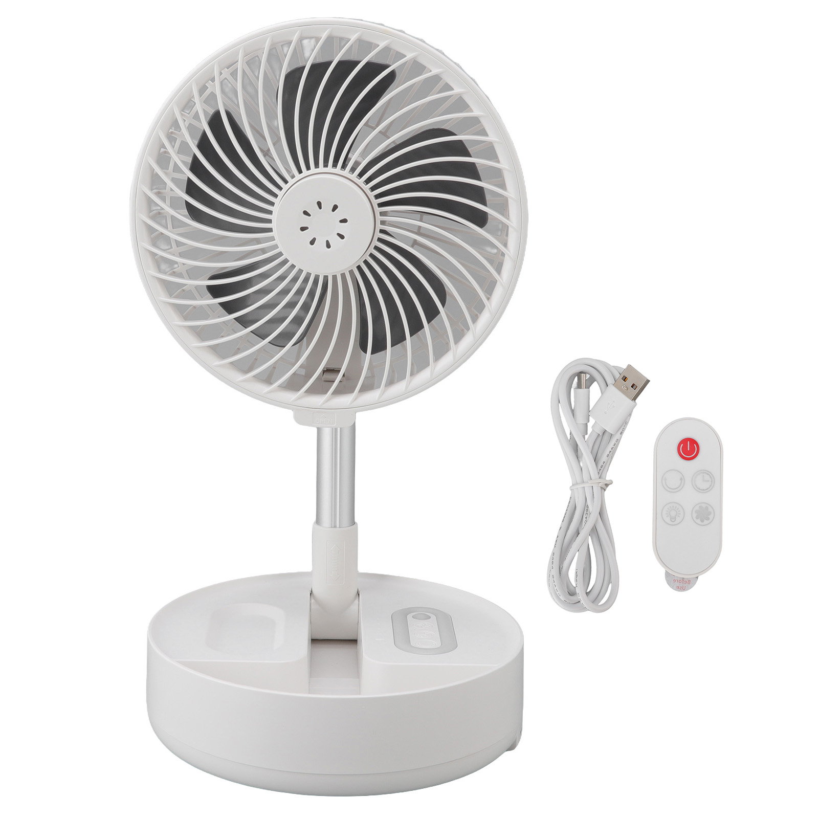 Ein weißer, faltbarer Ventilator mit Fernbedienung und USB-Kabel auf weißem Hintergrund.