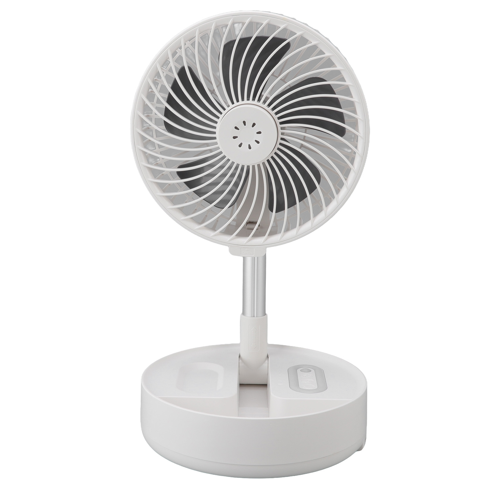 Ein weißer, faltbarer Ventilator mit schwarzen Rotorblättern auf einem runden Sockel.