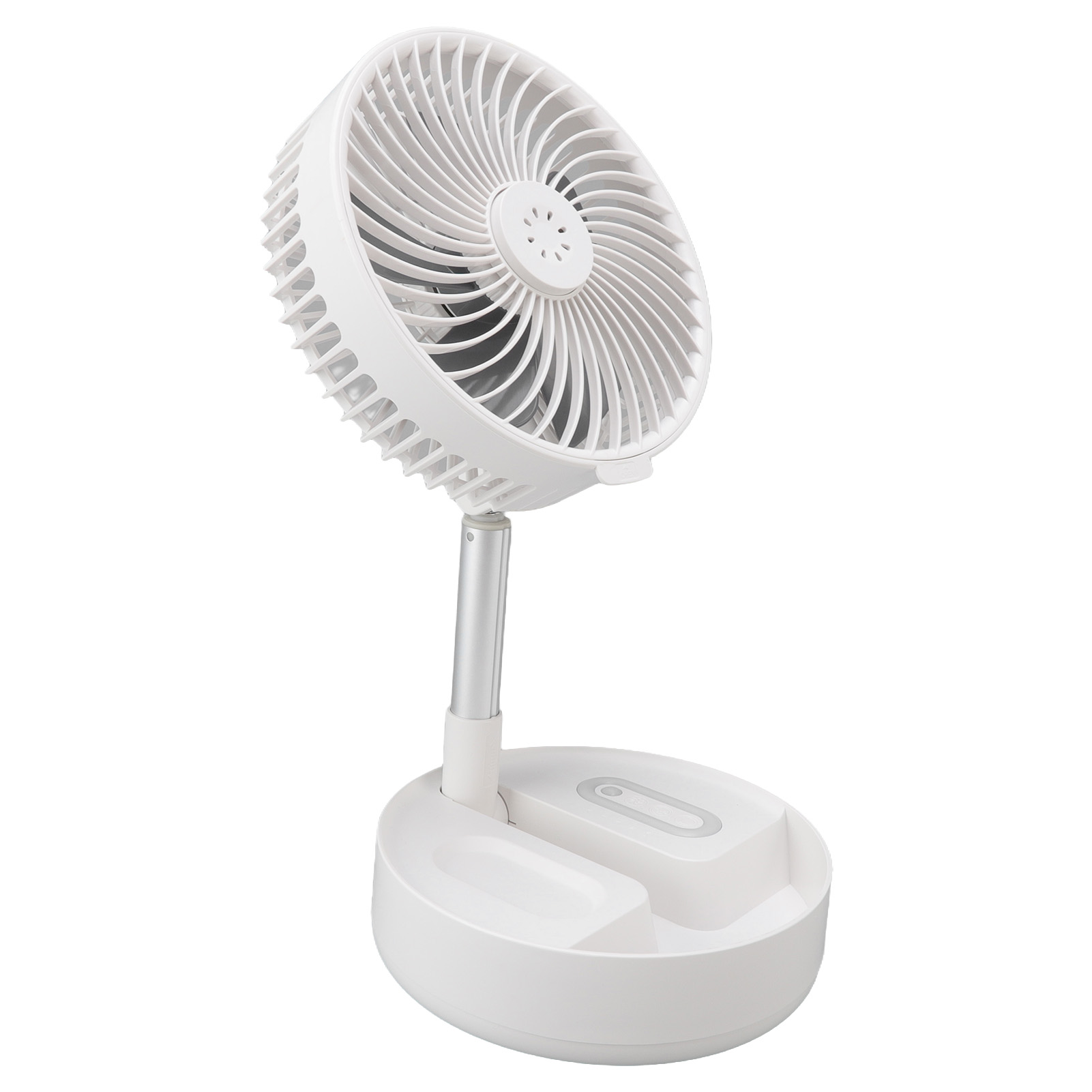 Ein weißer, tragbarer Ventilator mit ausziehbarem Stiel und rundem Sockel.