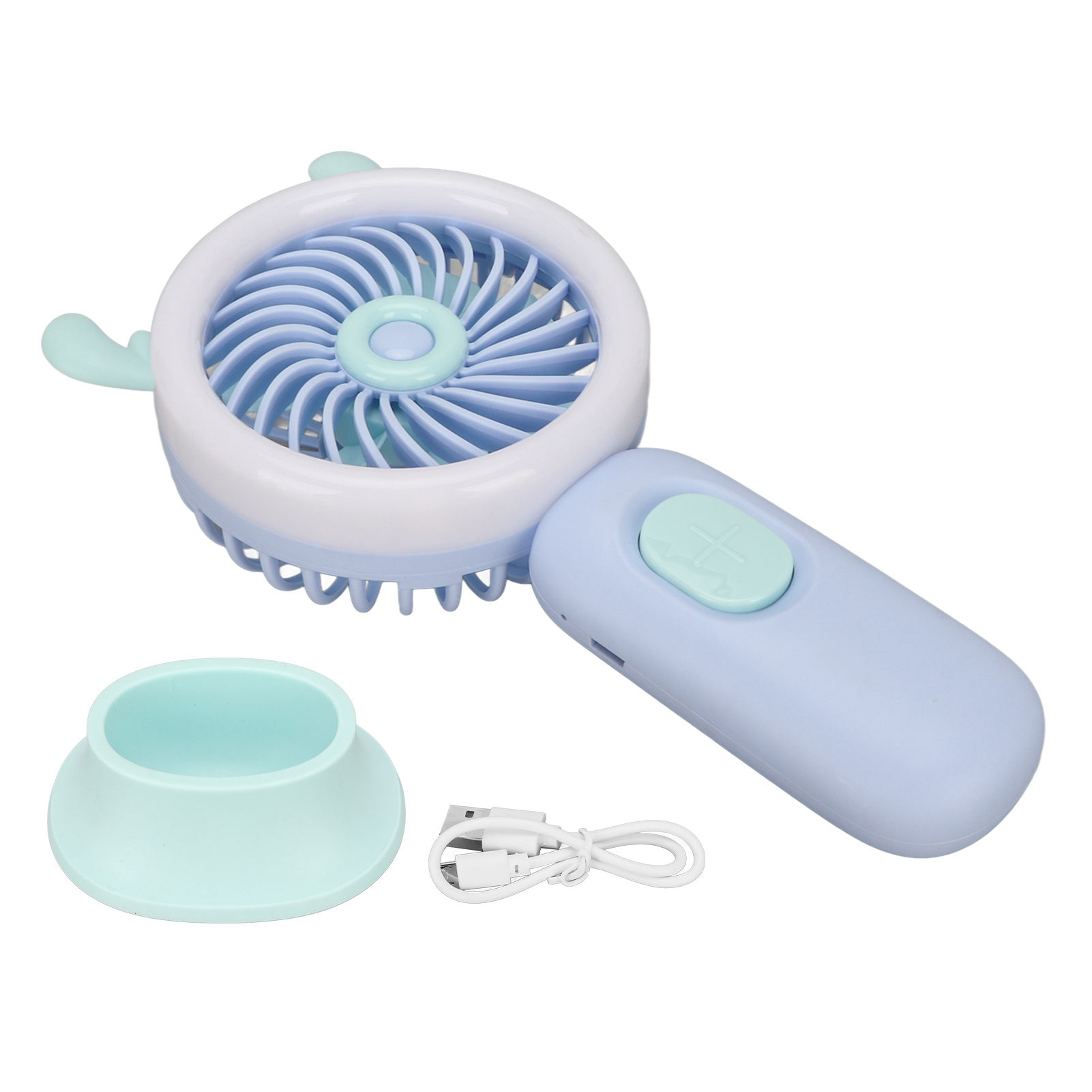Ein kleiner blauer und weißer Ventilator mit einem Ständer und USB-Kabel.