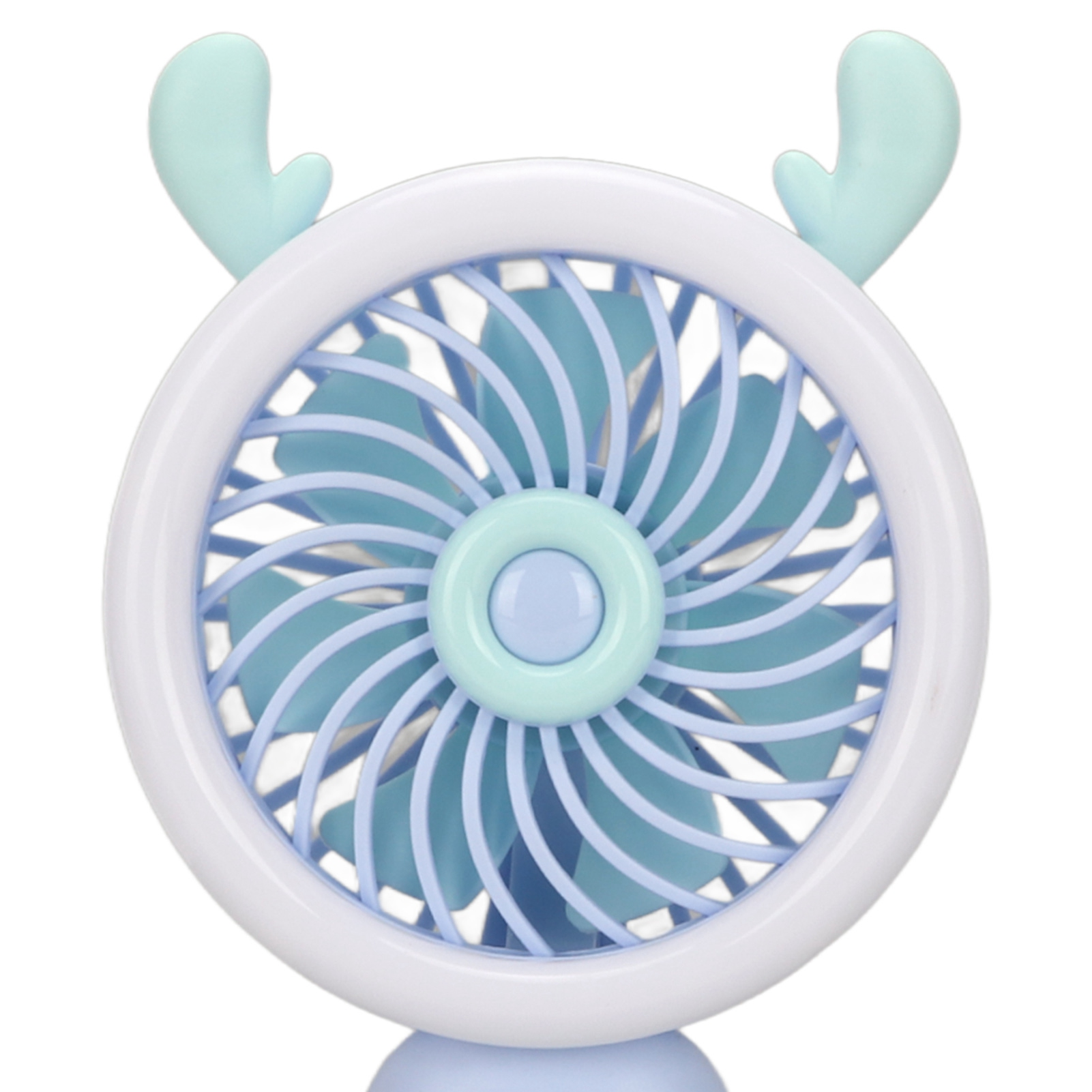 Ein kleiner blauer Ventilator mit weißen und hellblauen Akzenten und Rehkopf-Ohren.