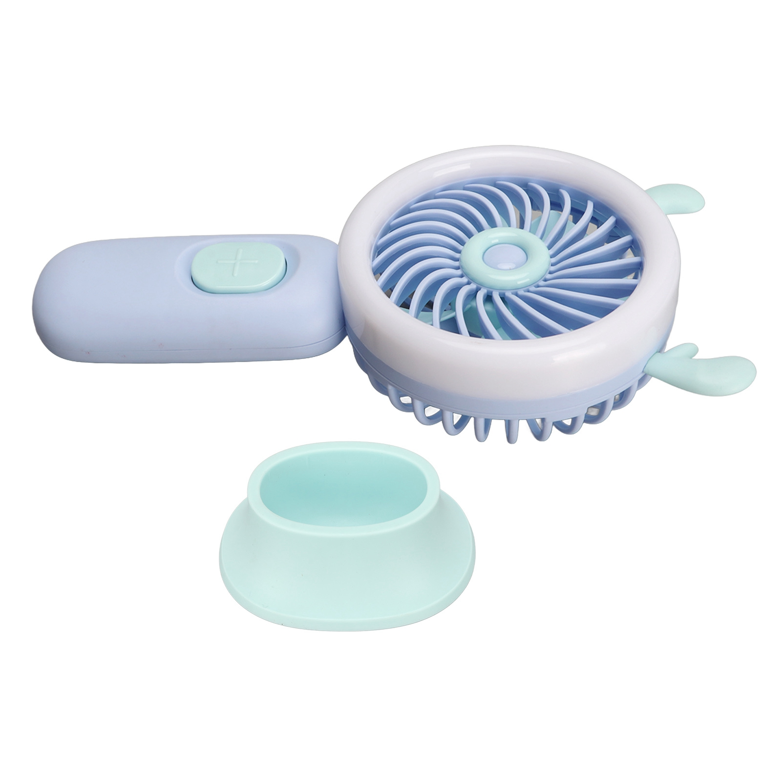 Ein blauer und mintgrüner Handventilator mit Ständer.