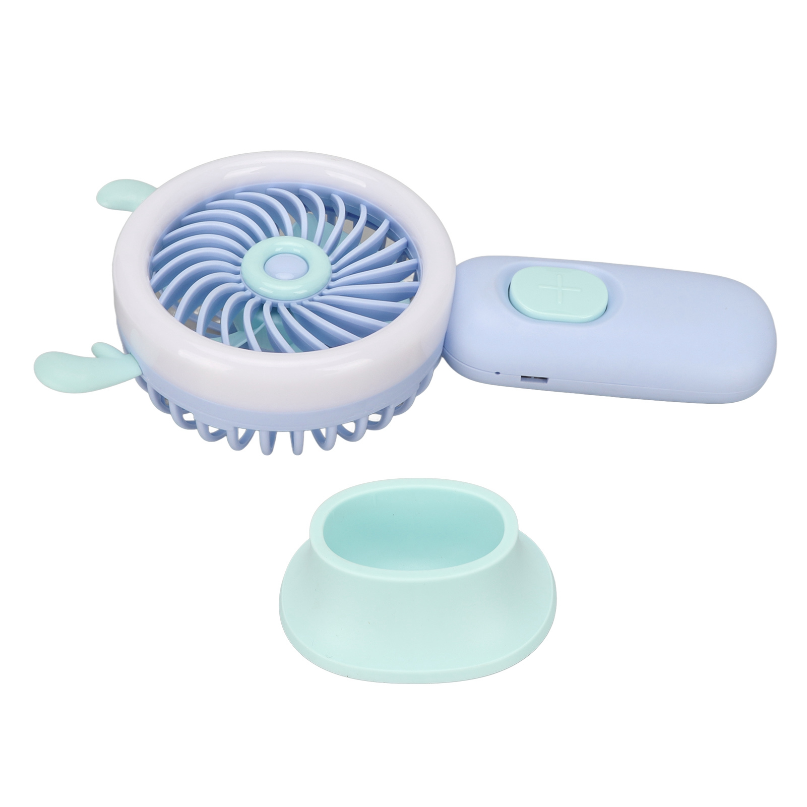 Ein blauer Handventilator mit weißem Rand und Minzgrün-Akzenten.