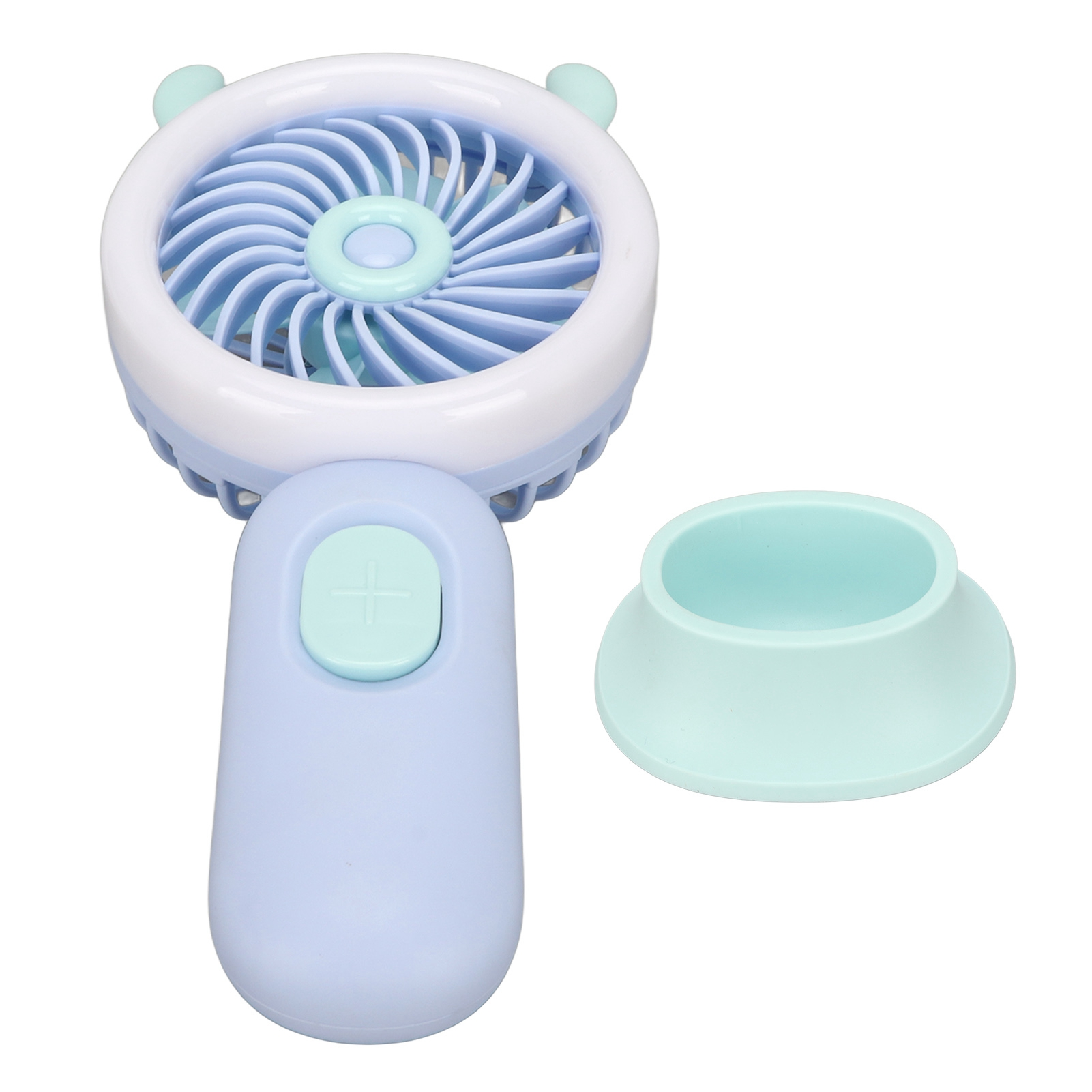 Ein blauer und weißer Handventilator mit einem mintgrünen Knopf und einem mintgrünen Ständer.